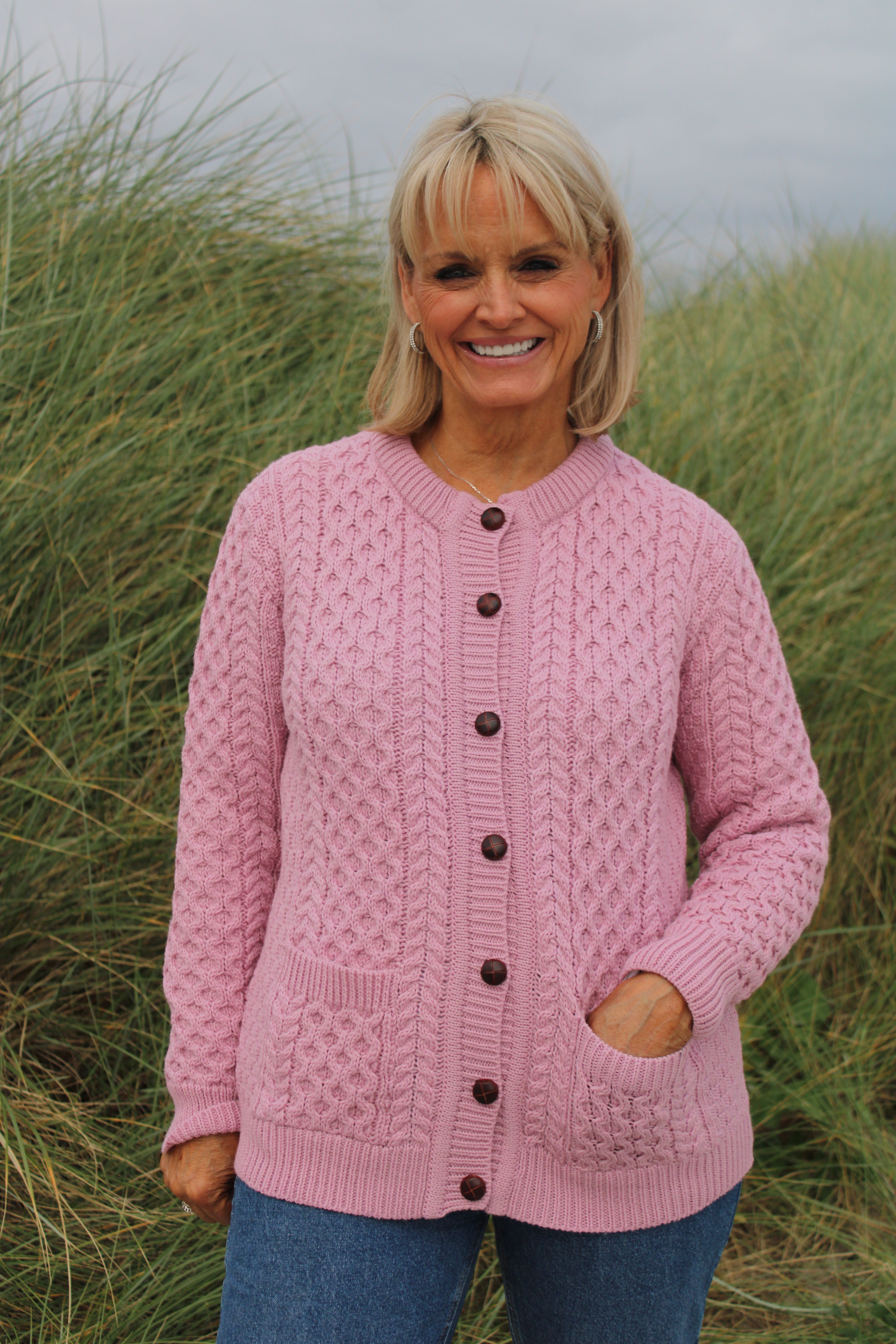 Aran Cable Knit Lumber Cardigan - Rose Pink