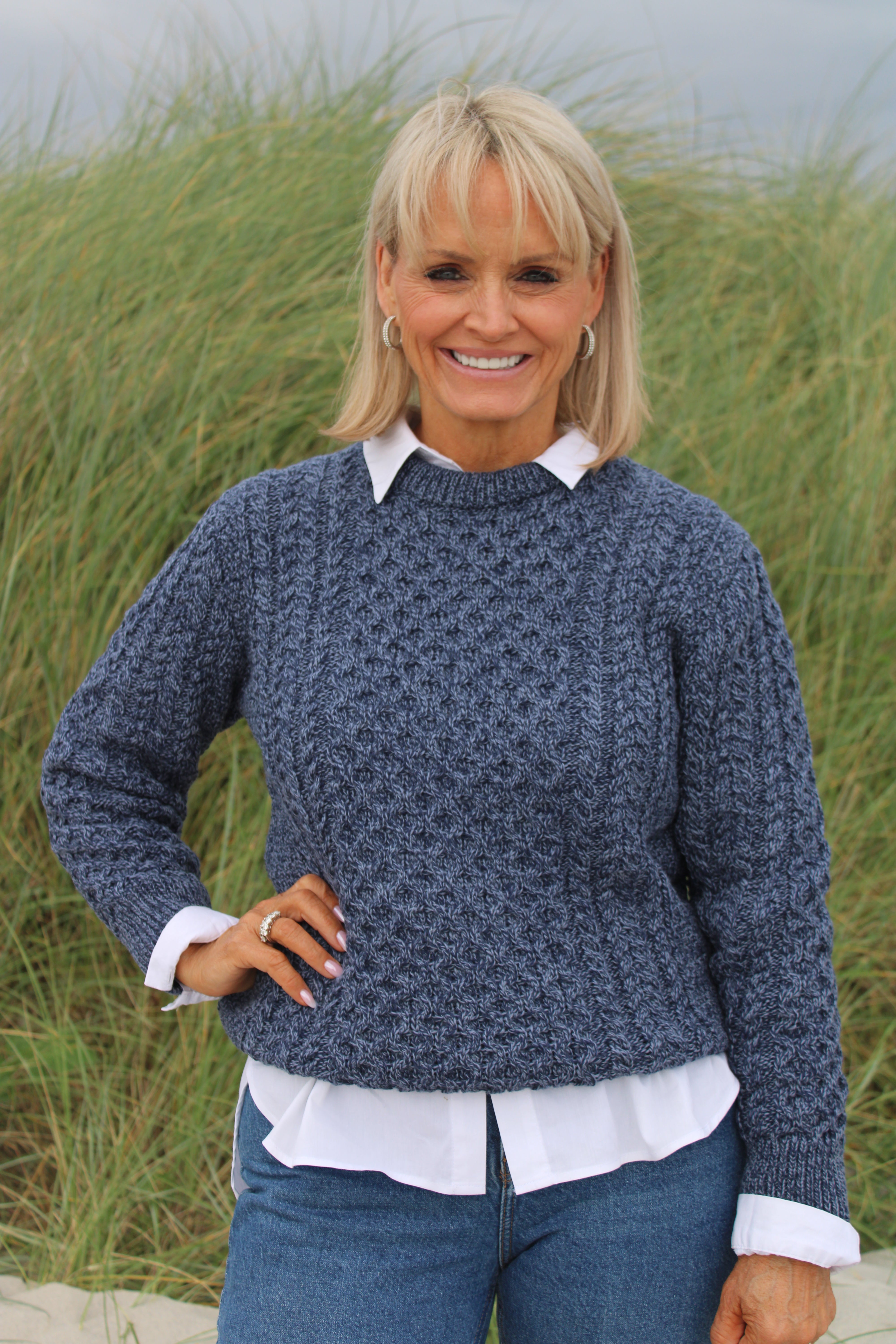 Unisex Aran Crew Neck Sweater - Denim, 100% Merino Wool | Standún