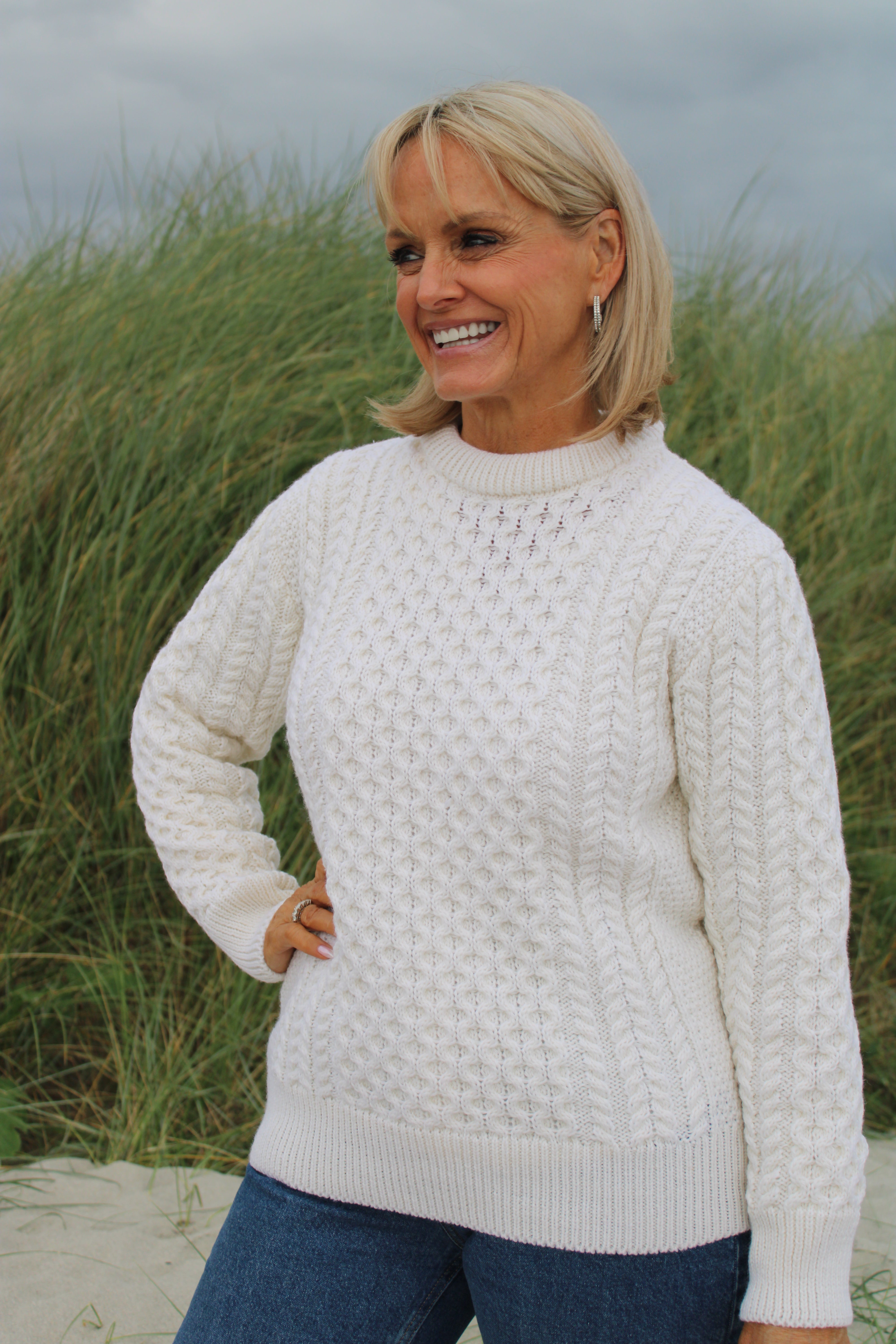 Traditional Aran Crew Neck Sweater - Natural