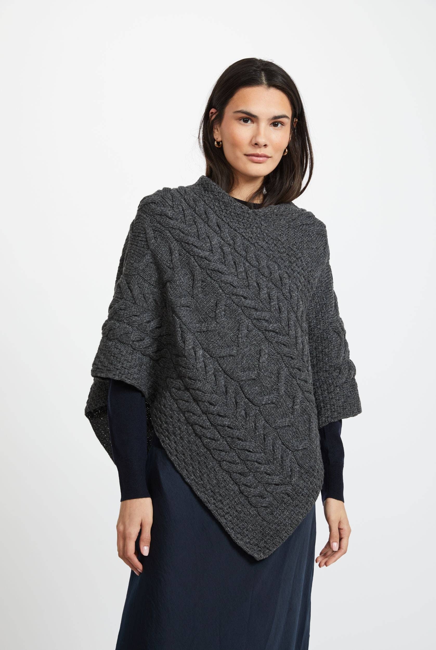 Aasleagh Falls Ladies Aran Poncho - Slate Grey