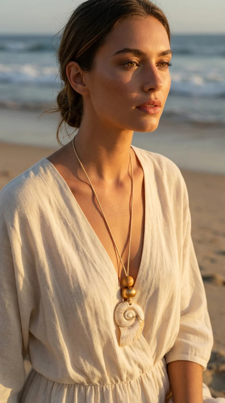 Envy Long Beige Cord Necklace with Large Resin Fossil Pendant