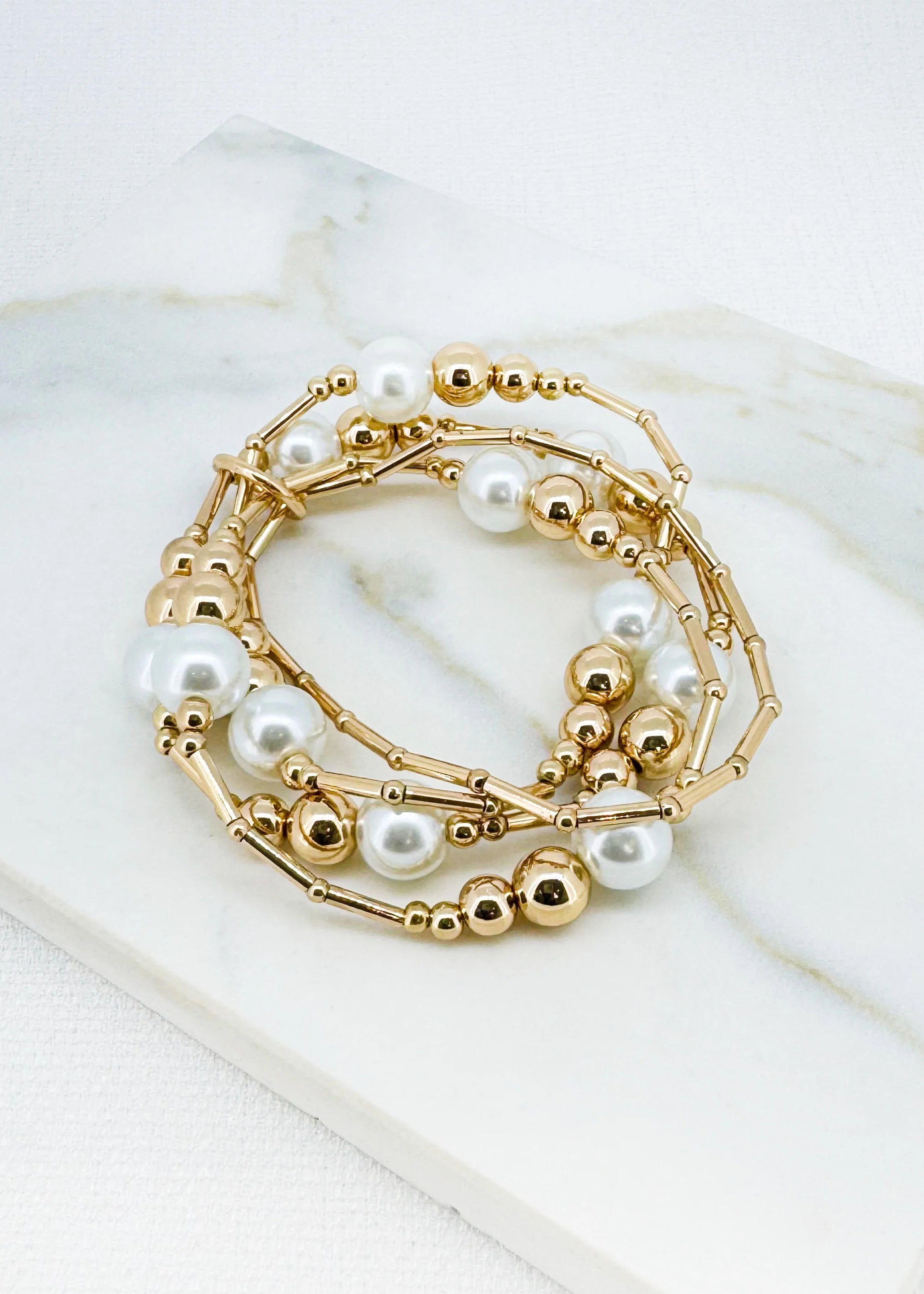 Envy Gold Layered Stretch Bracelet with Ball and Pearl Detail