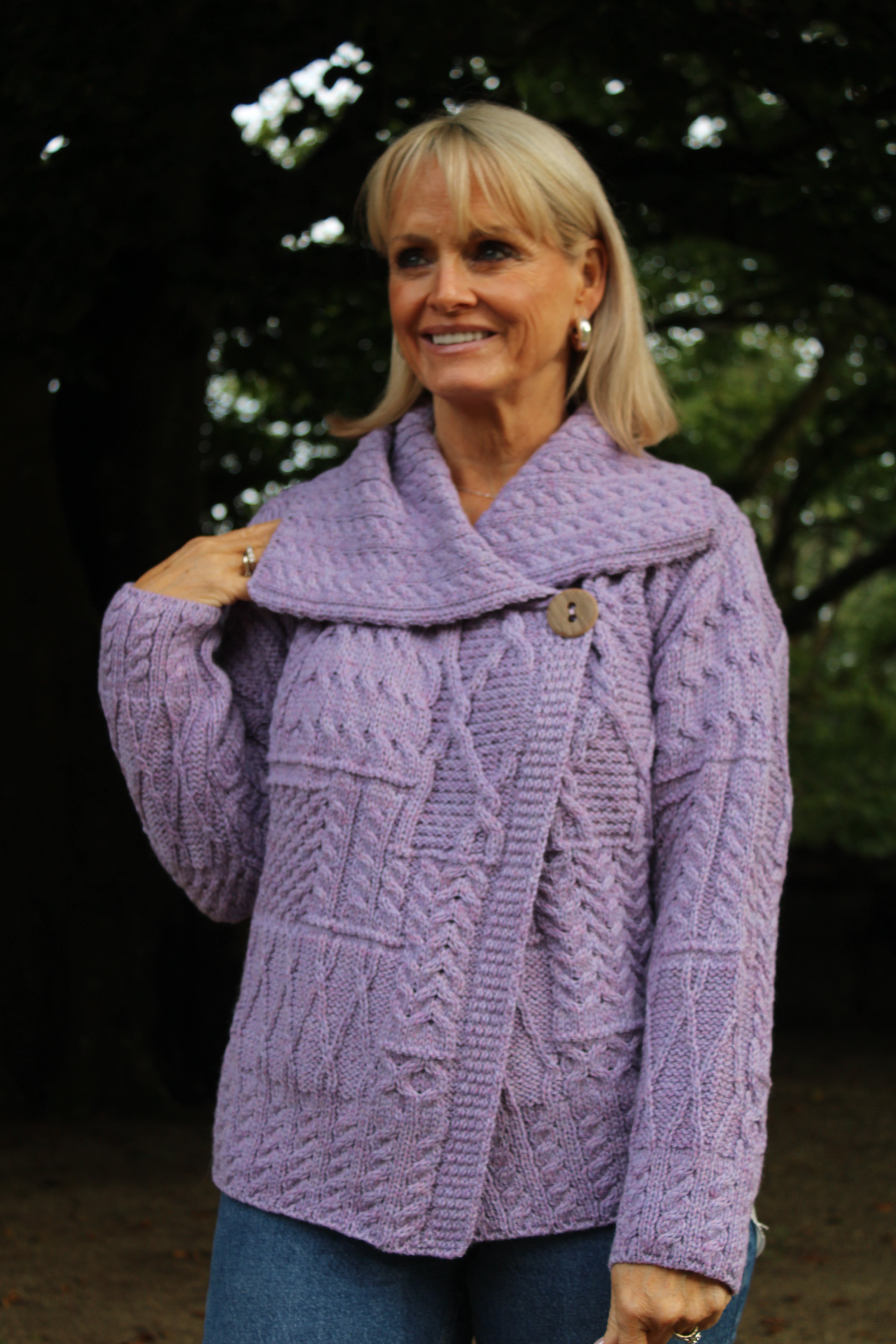 One-Button Sweater with Draped Collar , Lavender