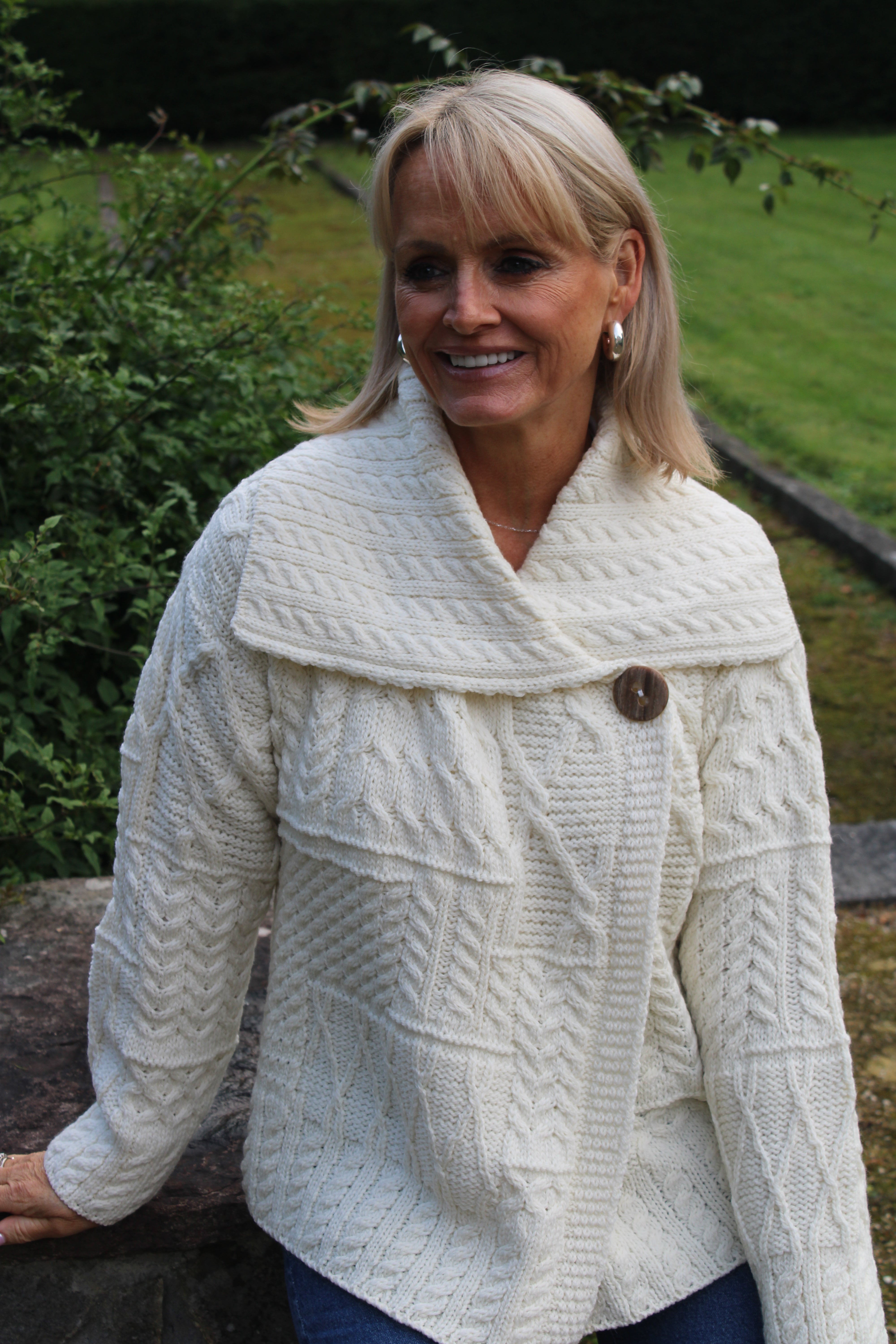 One-Button Sweater with Draped Collar , Natural