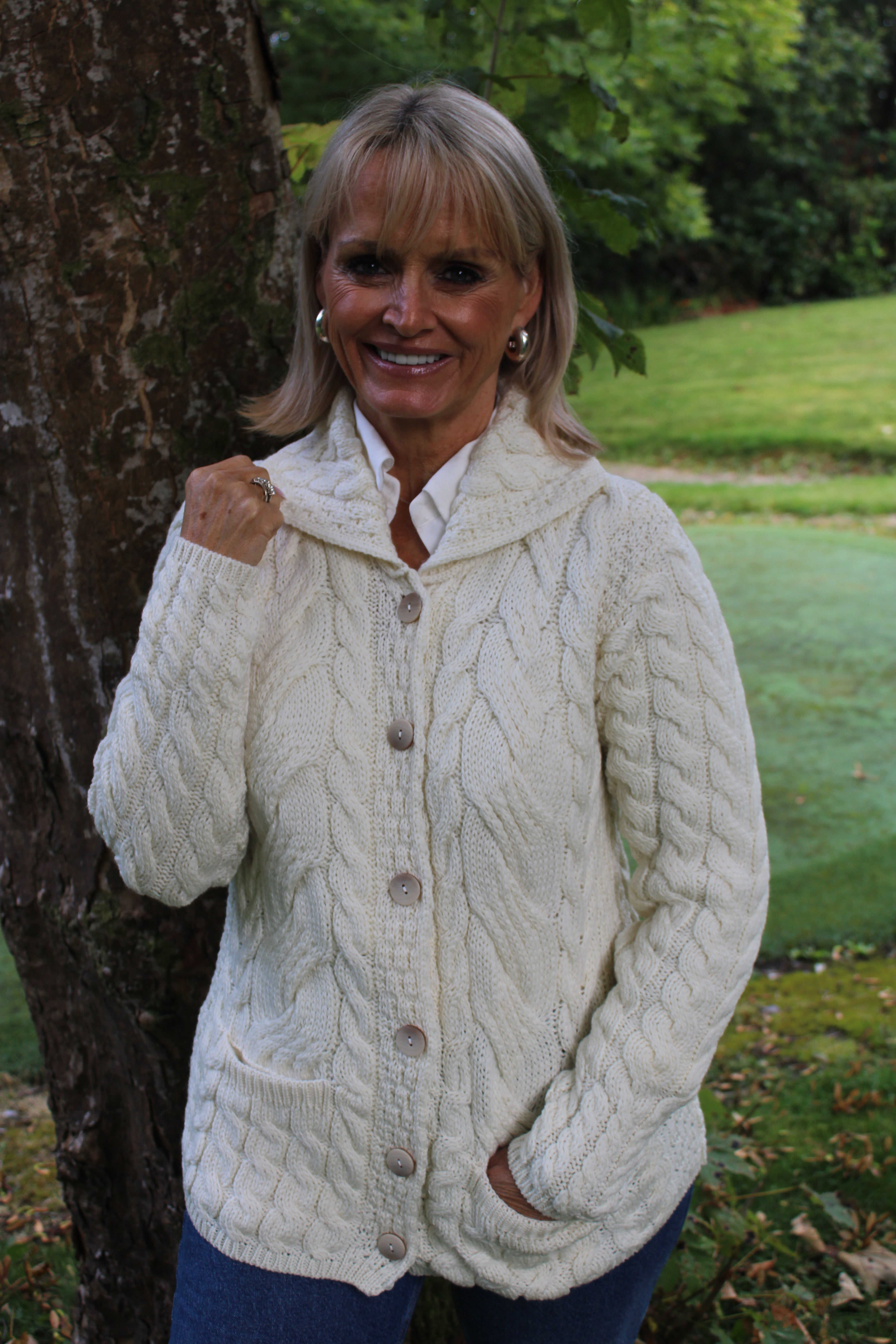 Cardigan with Collar and Pockets , Natural