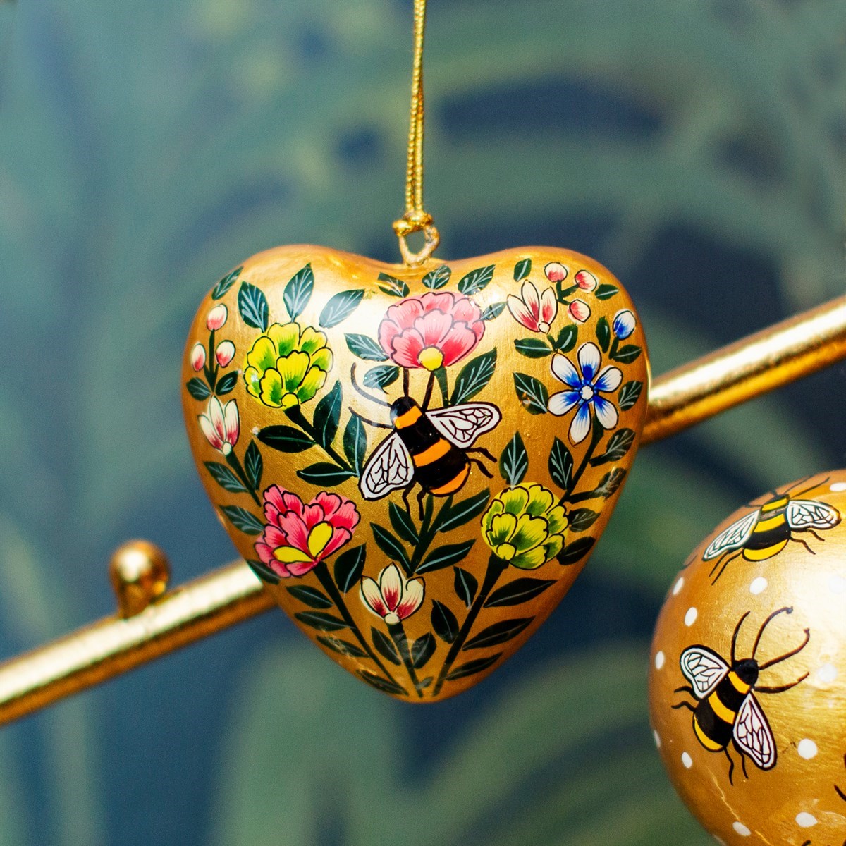 Sass & Belle | Kashmiri Floral Heart With Bee Papier Mache Hanging Decoration