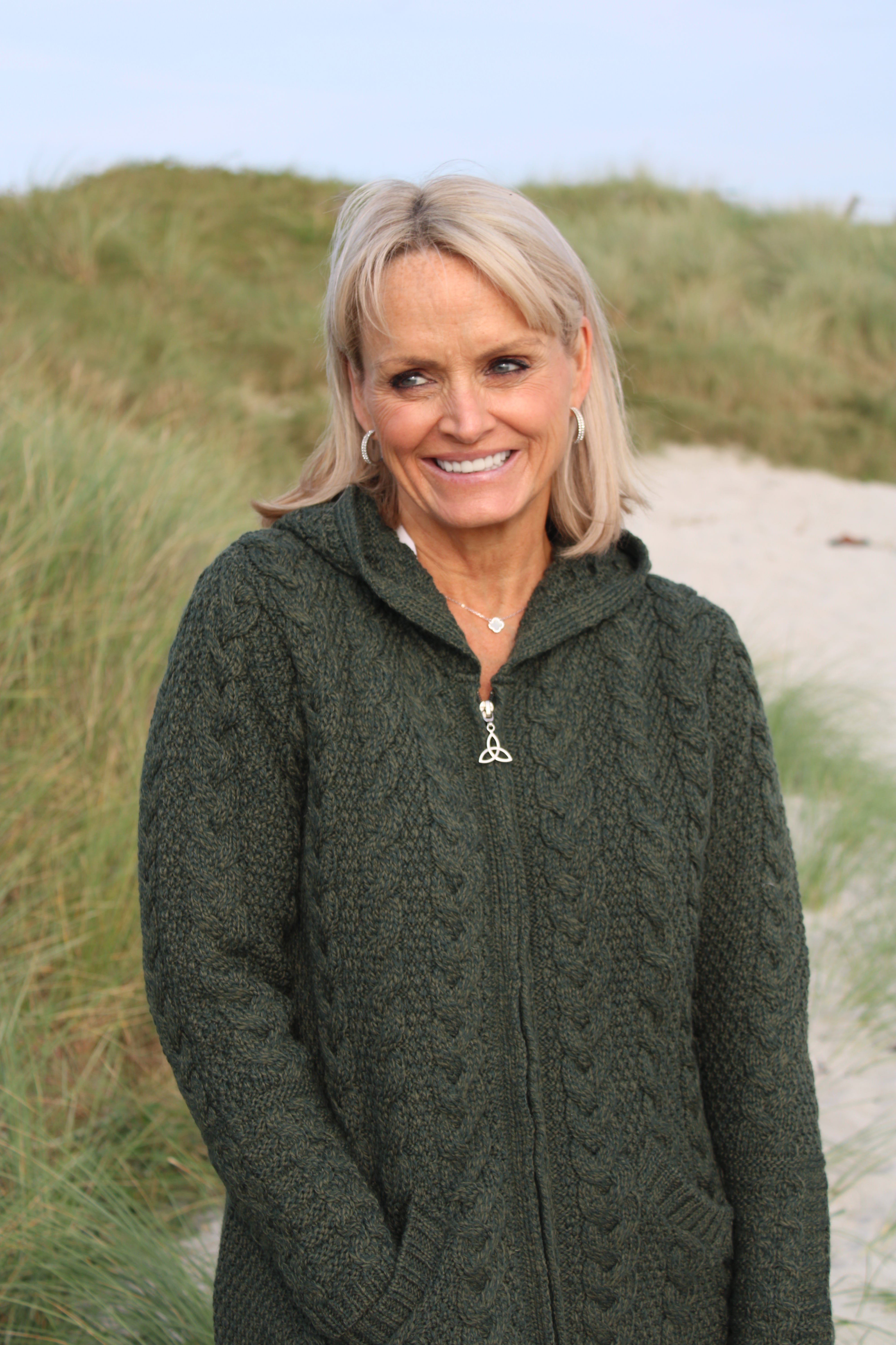 Long Zip Aran Cardigan With Hood , Army Green