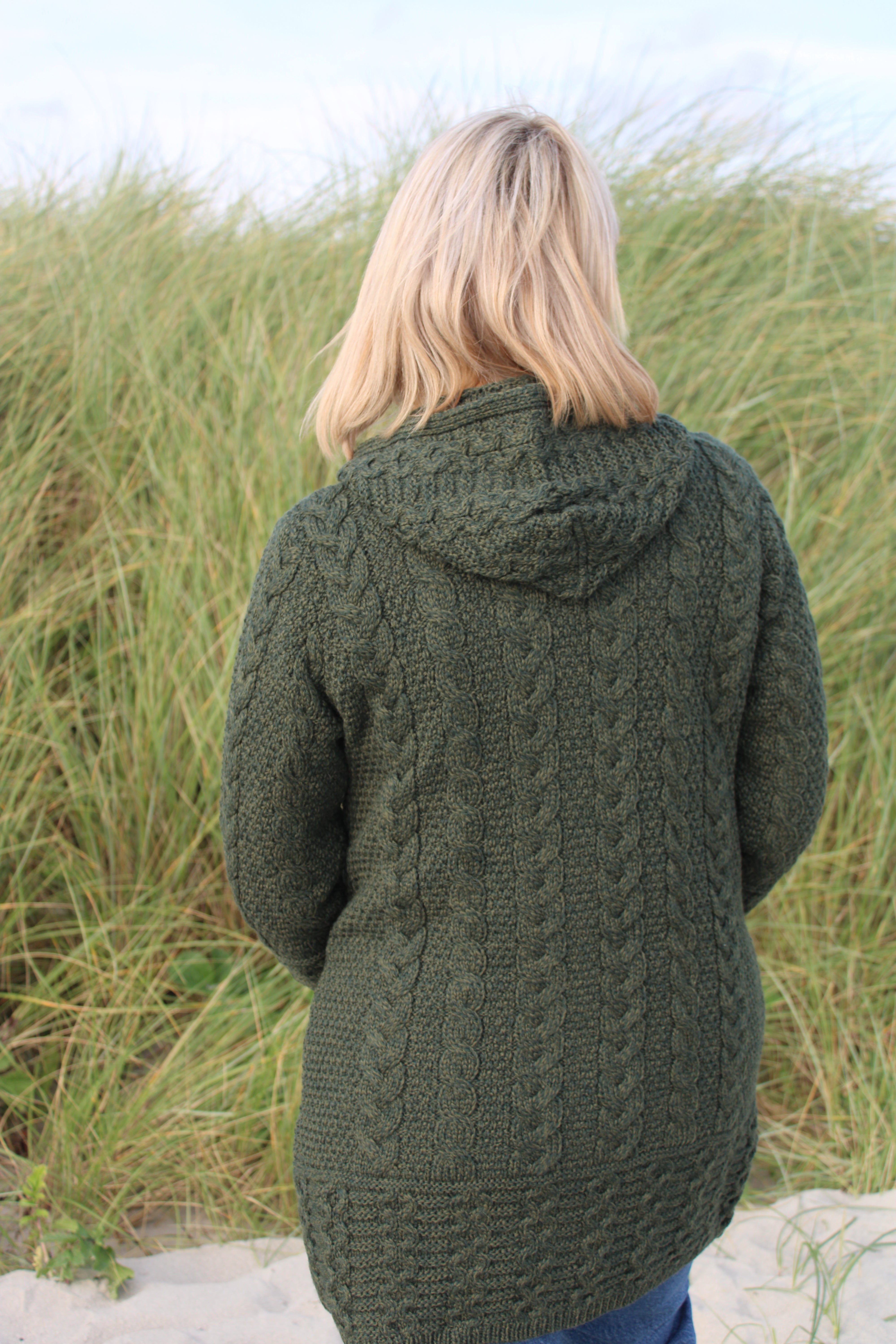 Long Zip Aran Cardigan With Hood , Army Green