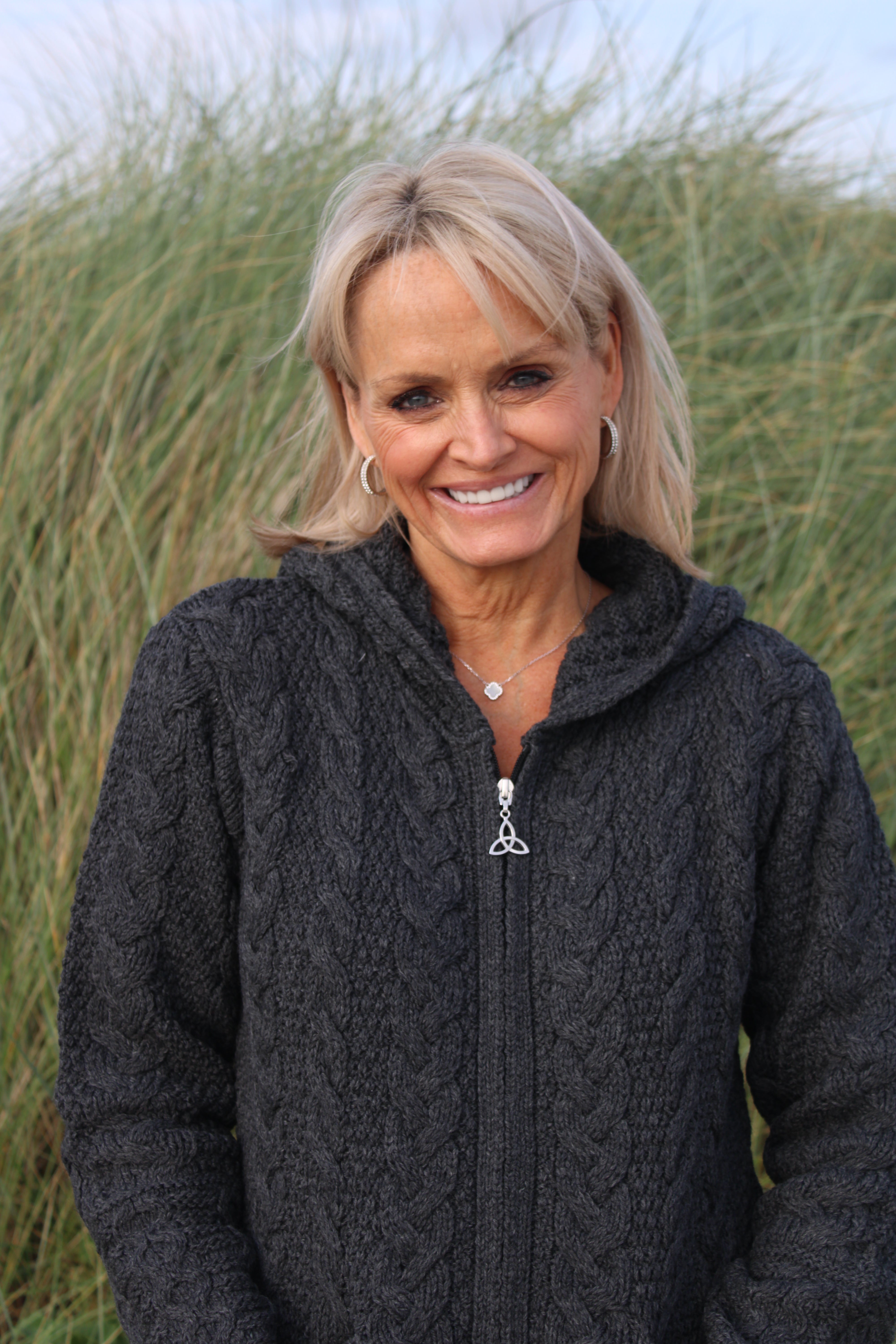 Long Hooded Zip Aran Cardigan , Charcoal