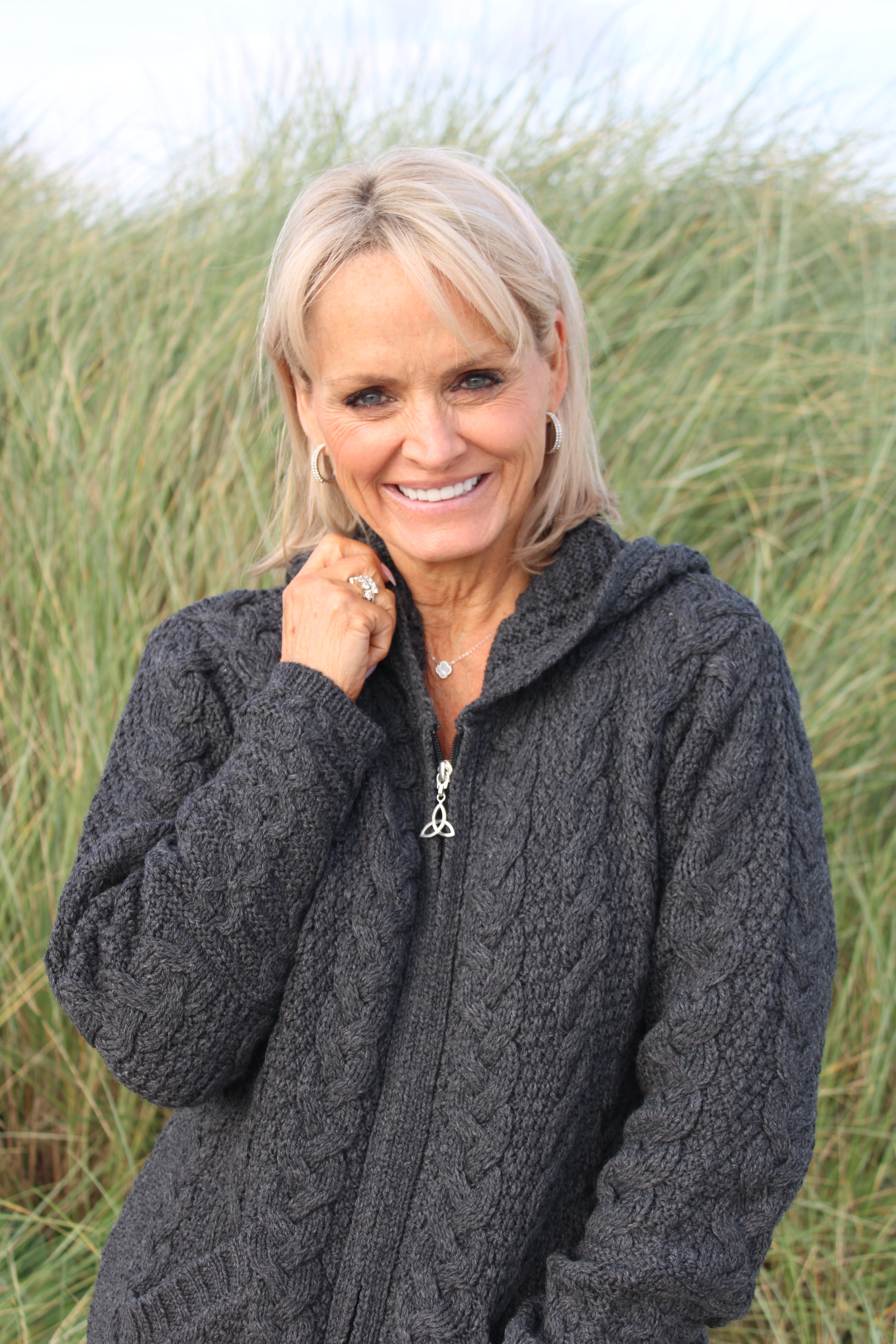 Long Hooded Zip Aran Cardigan , Charcoal