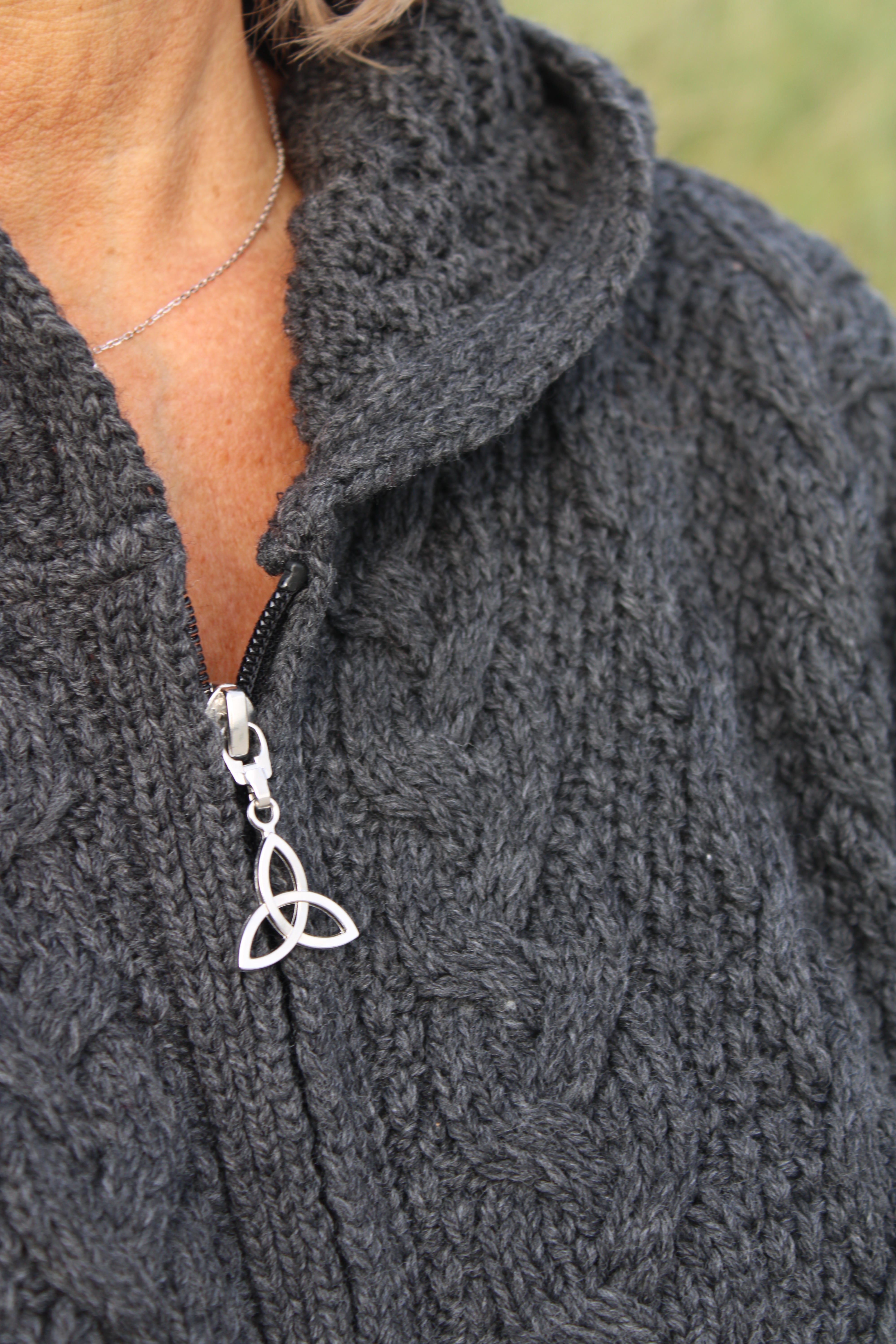 Long Hooded Zip Aran Cardigan , Charcoal