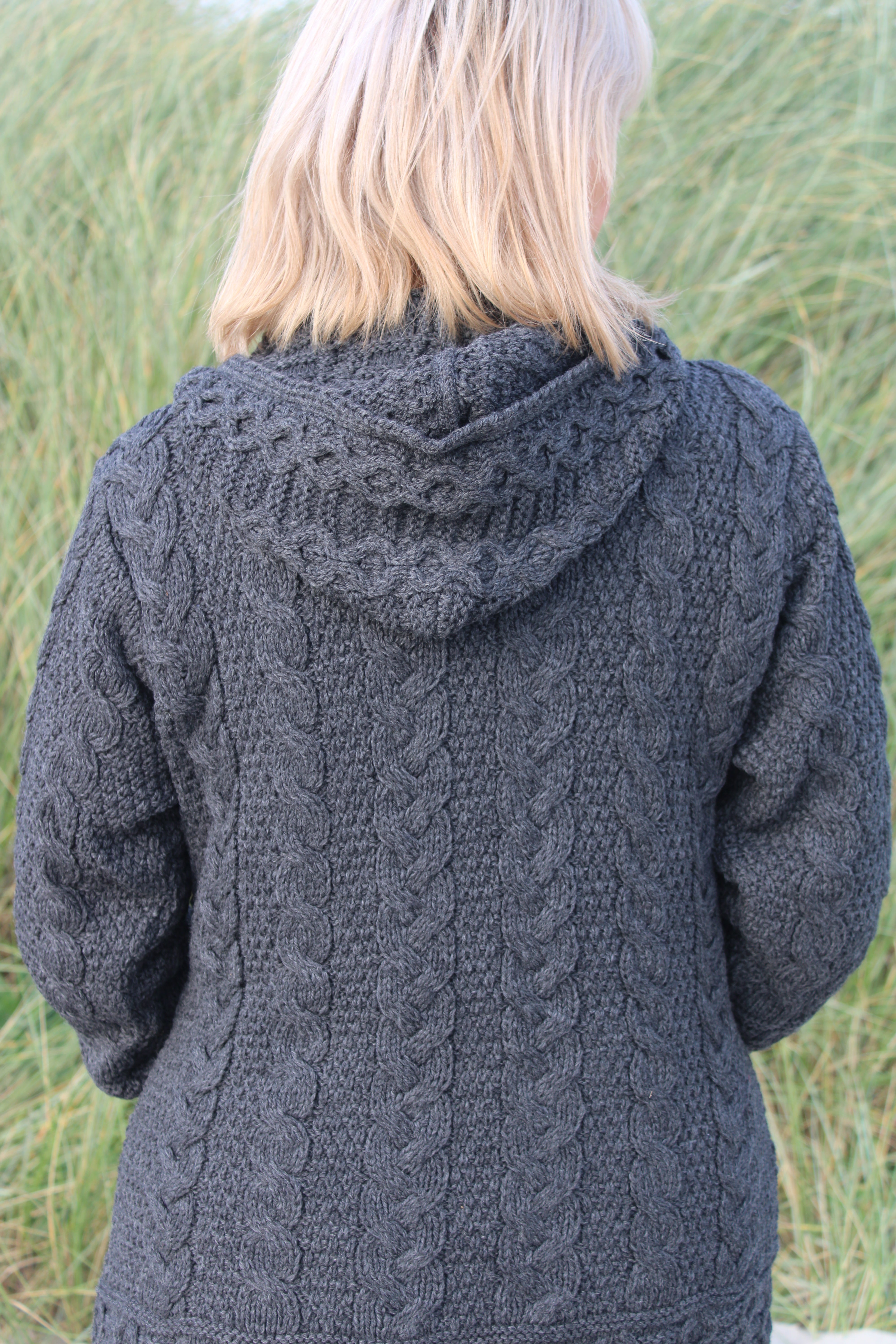 Long Hooded Zip Aran Cardigan , Charcoal