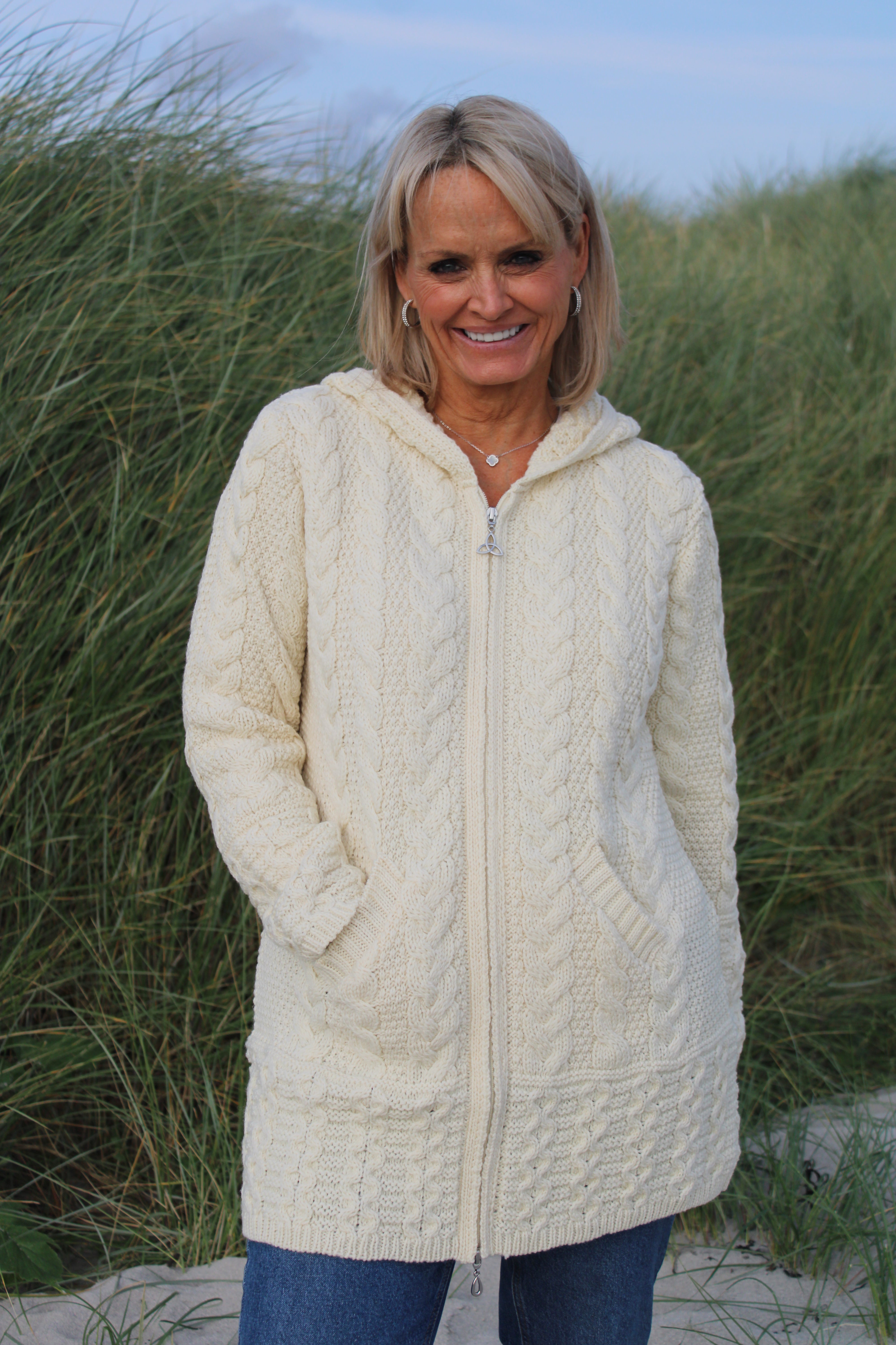 Long Zip Up Aran Cardigan With Hood , Natural