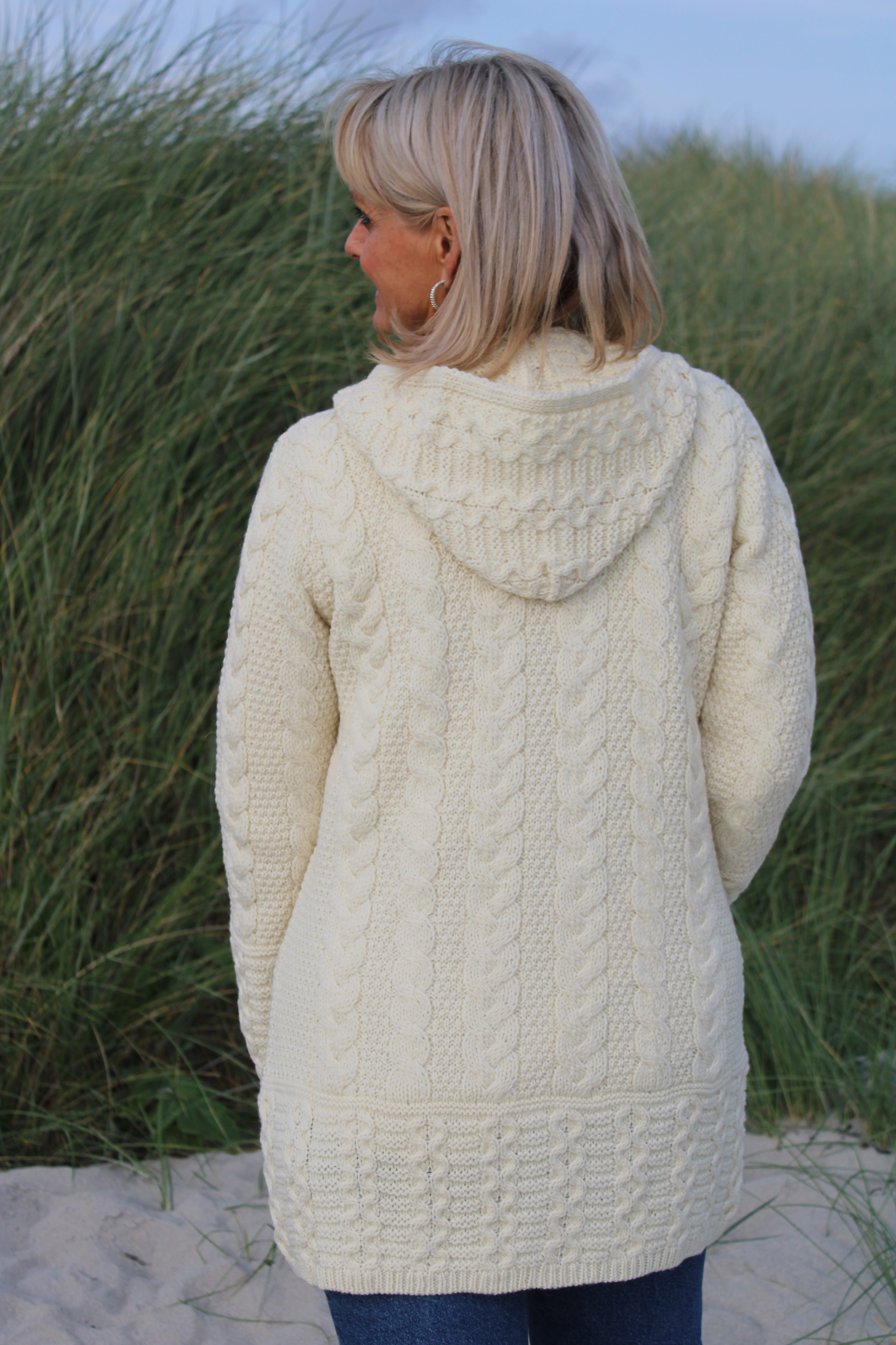 Long Zip Up Aran Cardigan With Hood , Natural
