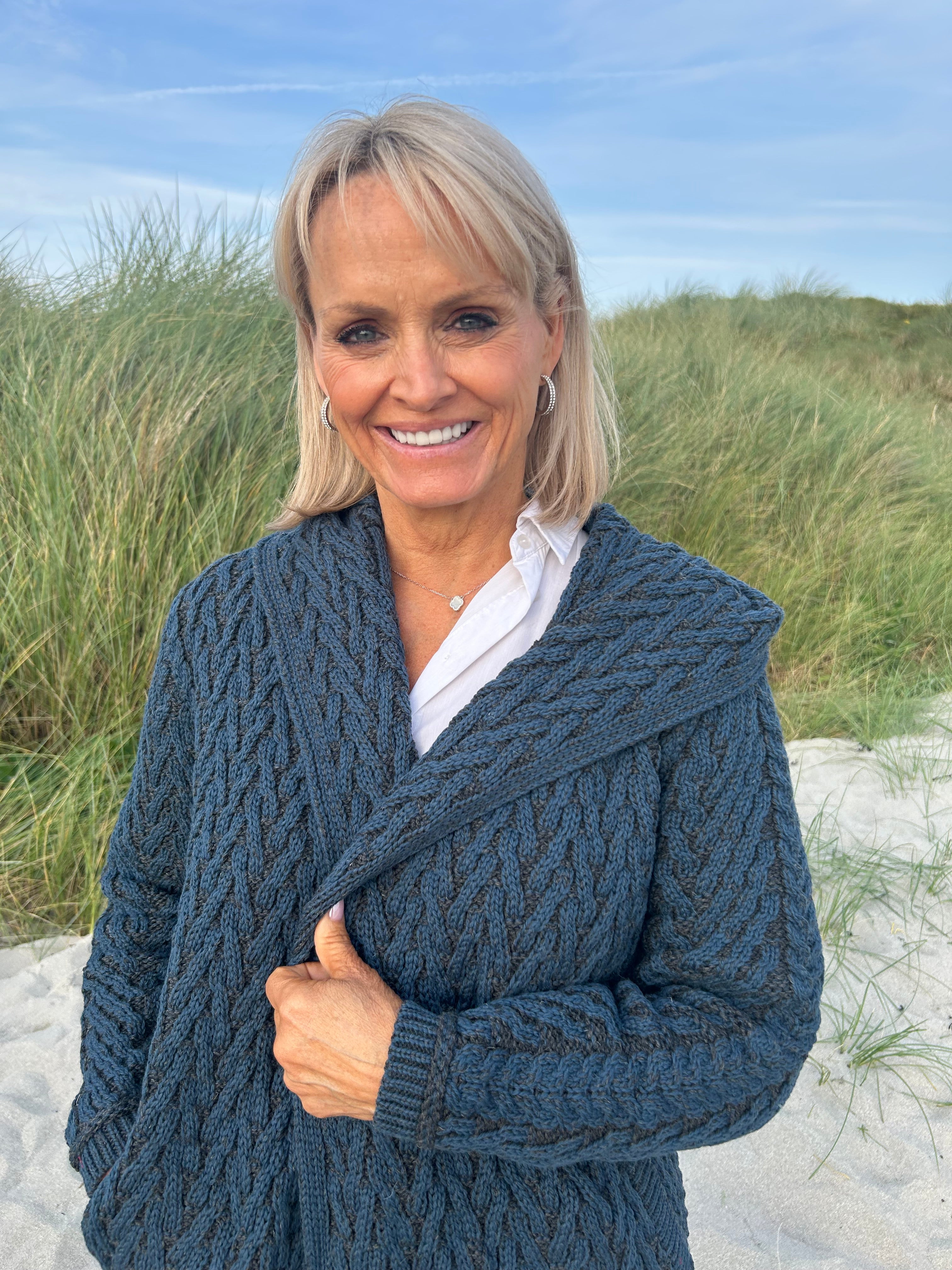 Herringbone Shawl Cardigan With Hood , Mallard