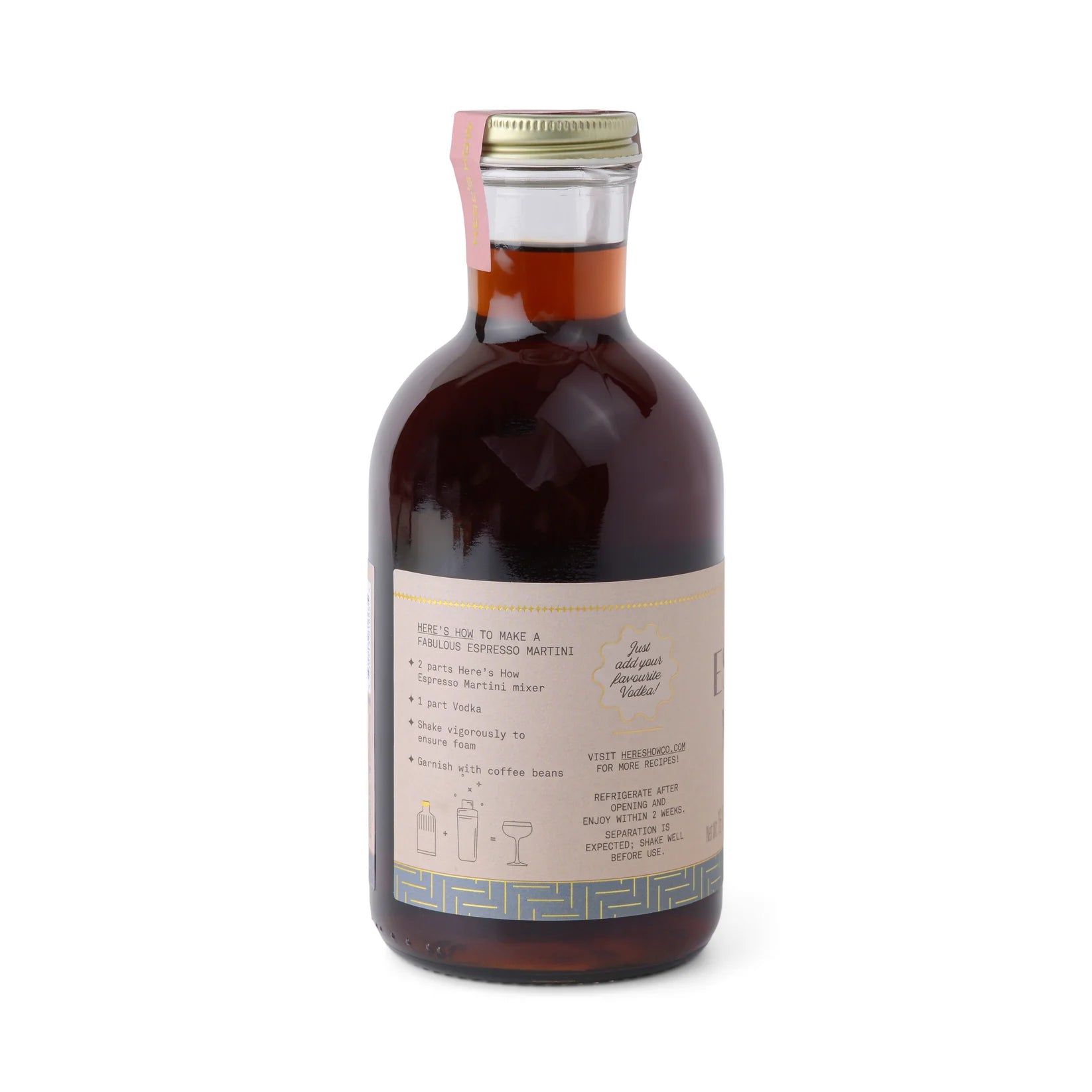 A bottle of cocktail mixer with tips on how to make a good Espresso Martini