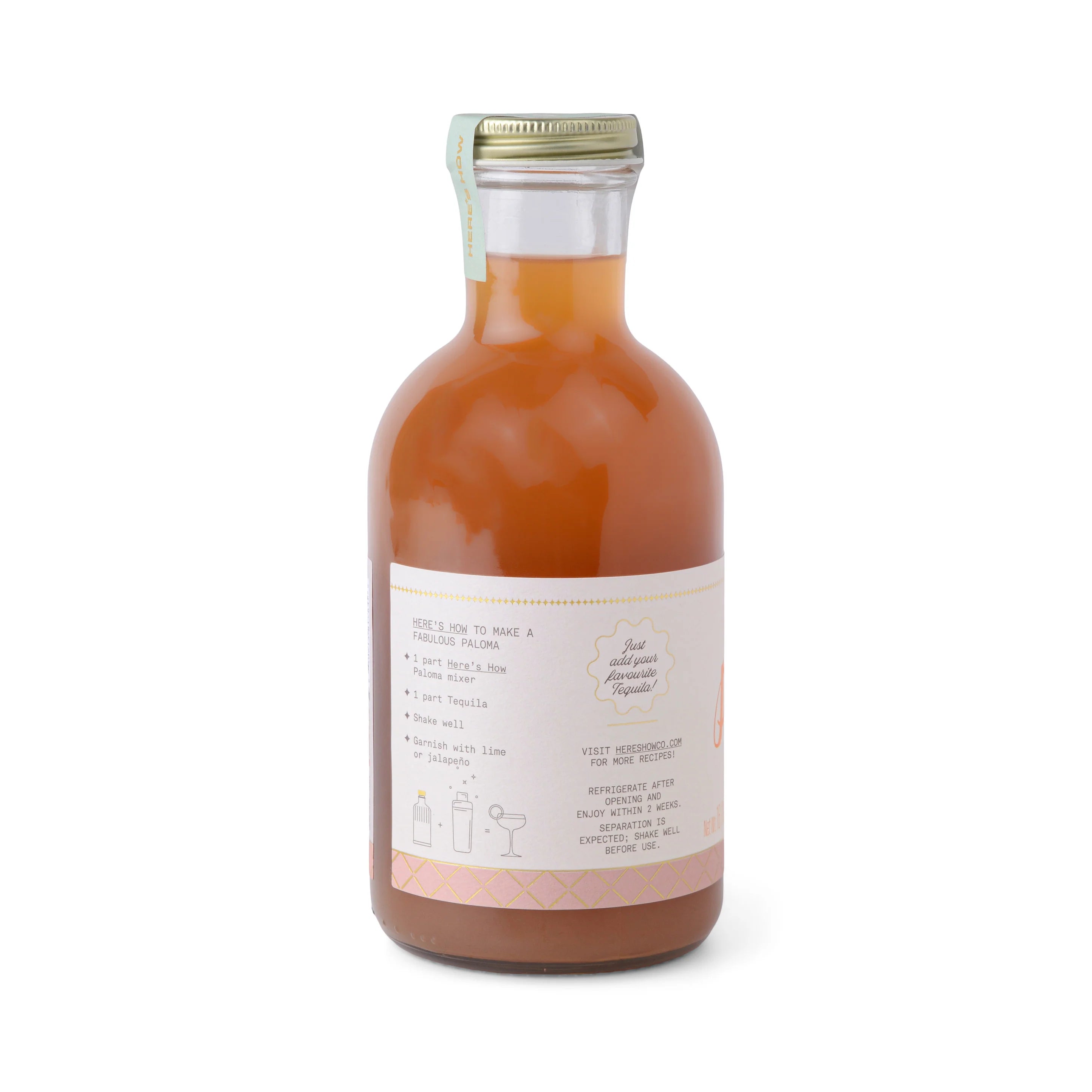 A bottle of pre-made cocktail mixer with tips to make a good Paloma