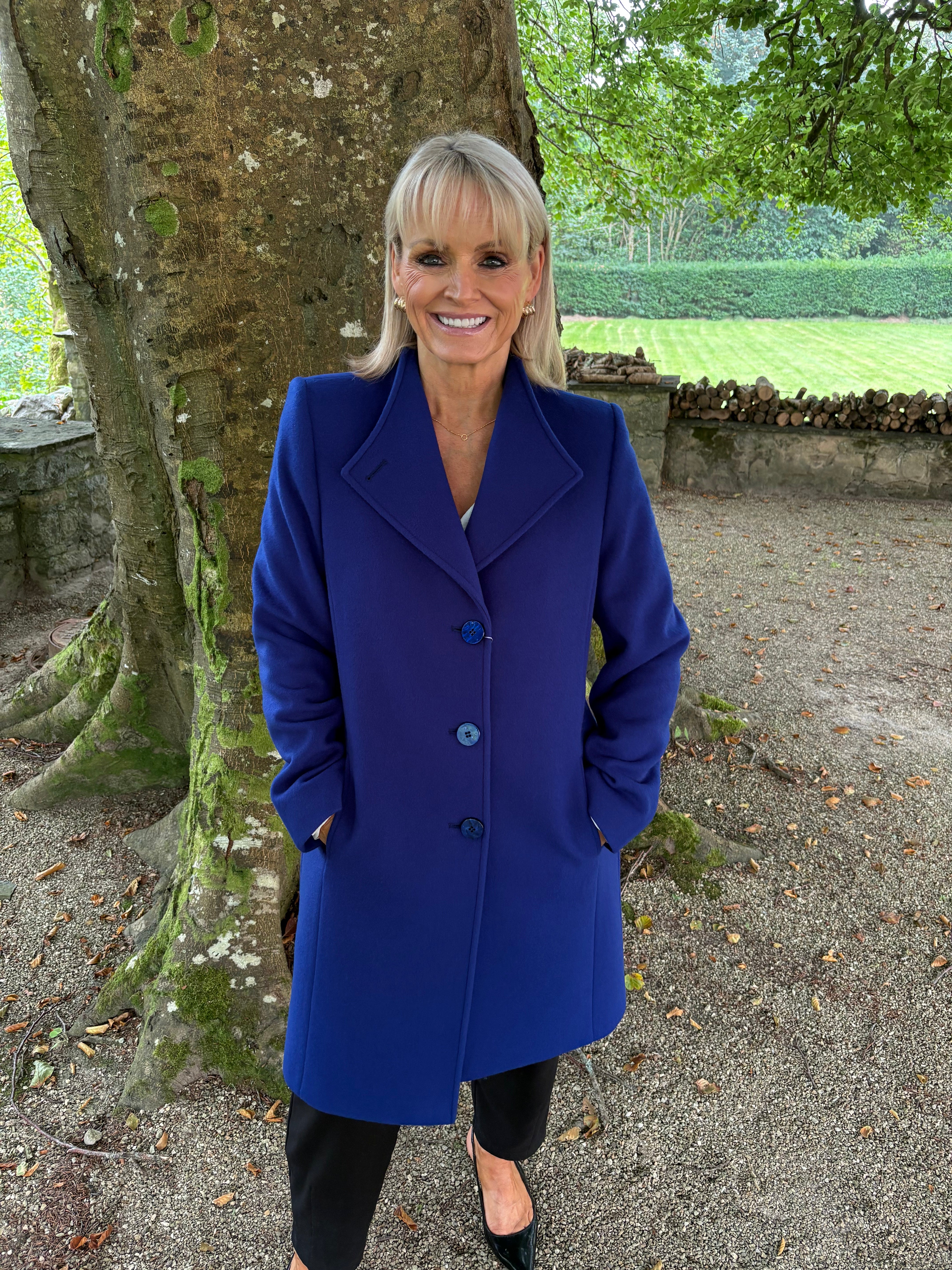 Christina Felix royal blue wool coat with lapel collar and button front