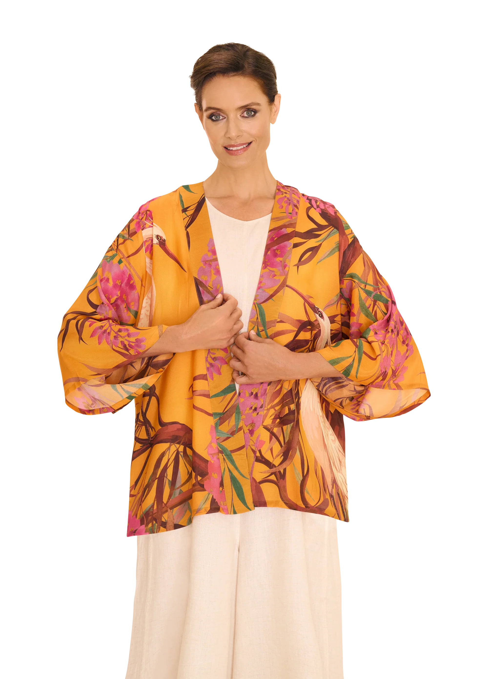 Powder Oriental Crane Kimono Jacket