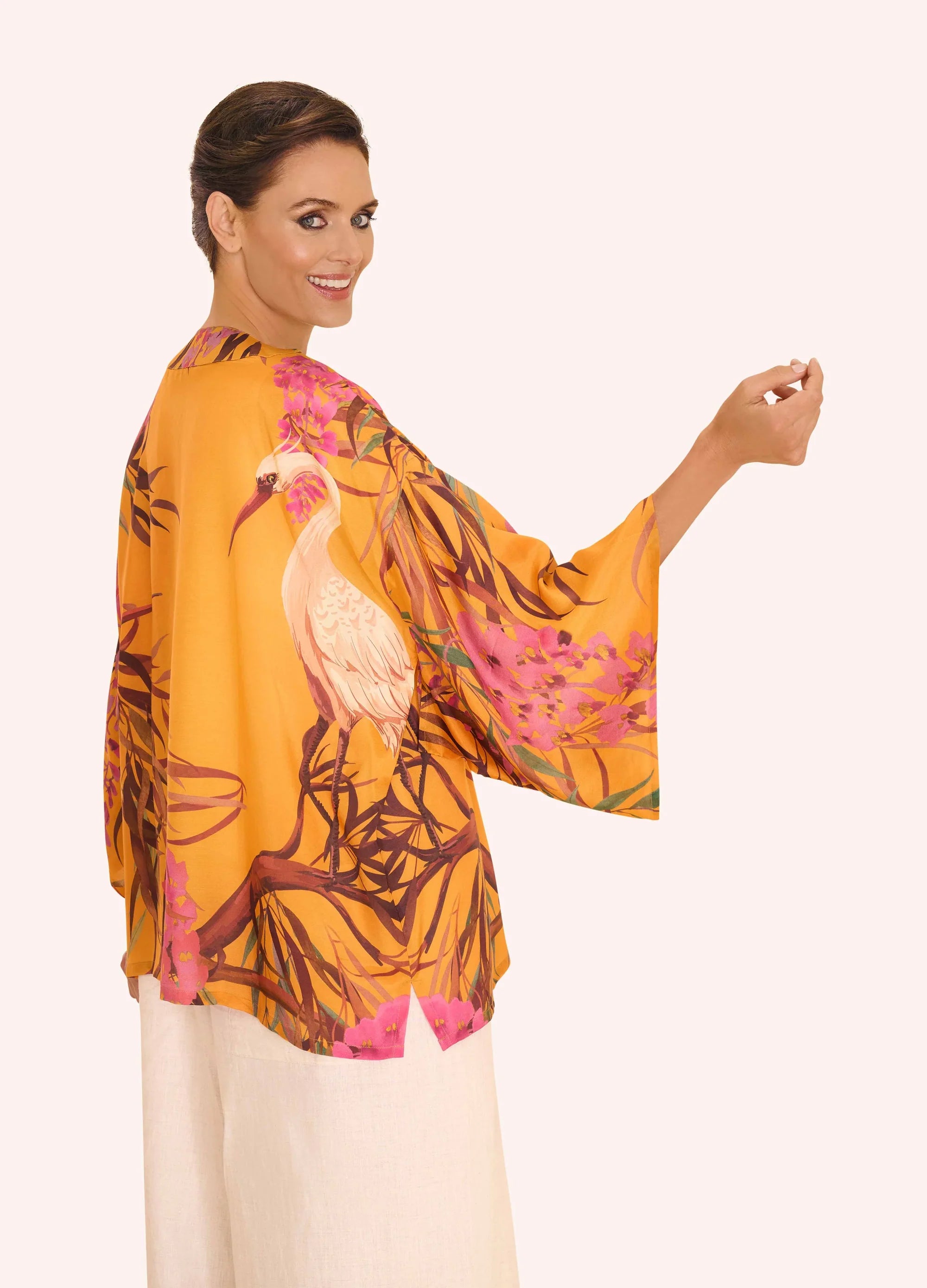 Powder Oriental Crane Kimono Jacket