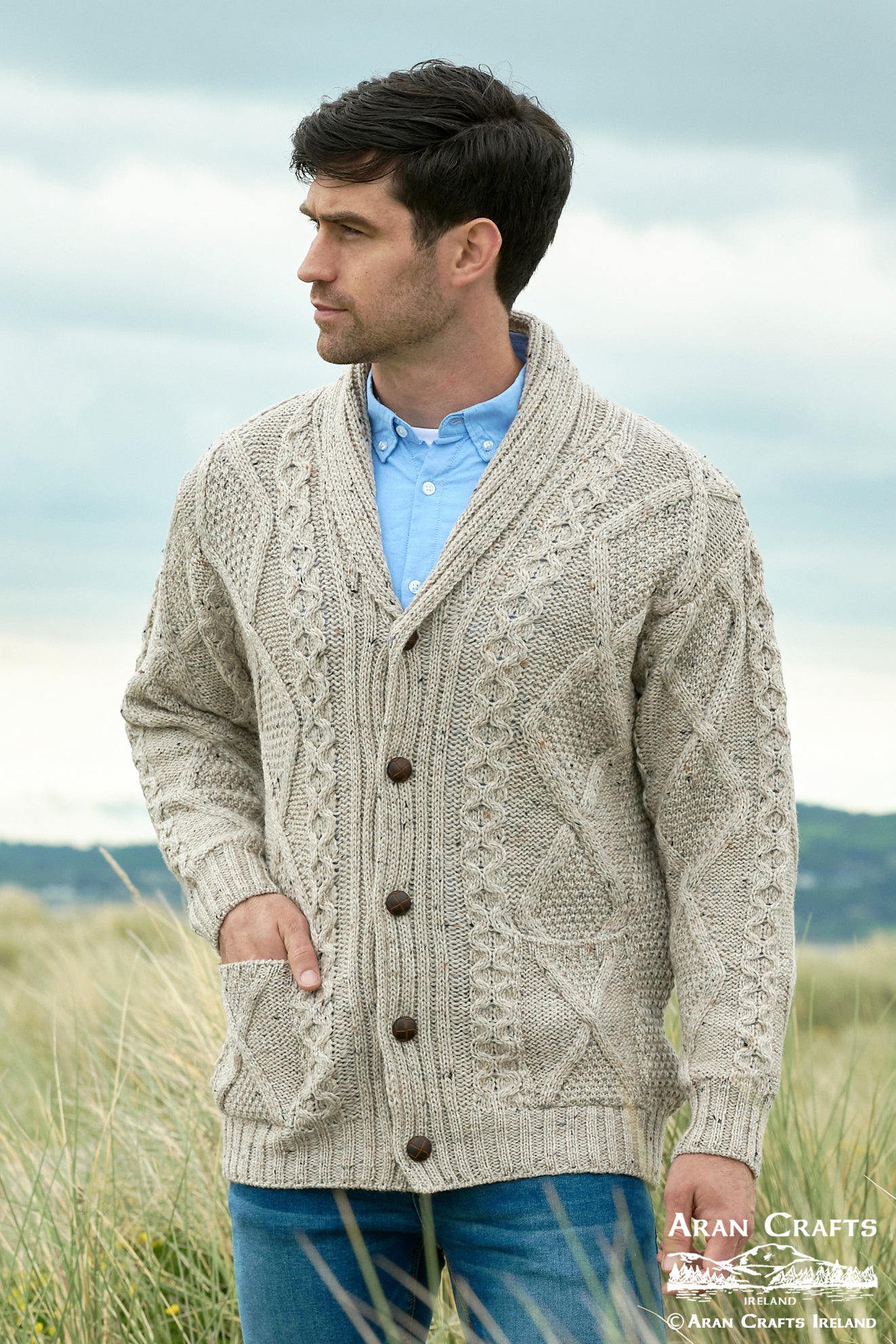 Men's Pattern Button Down Cardigan | Oatmeal | SH4139