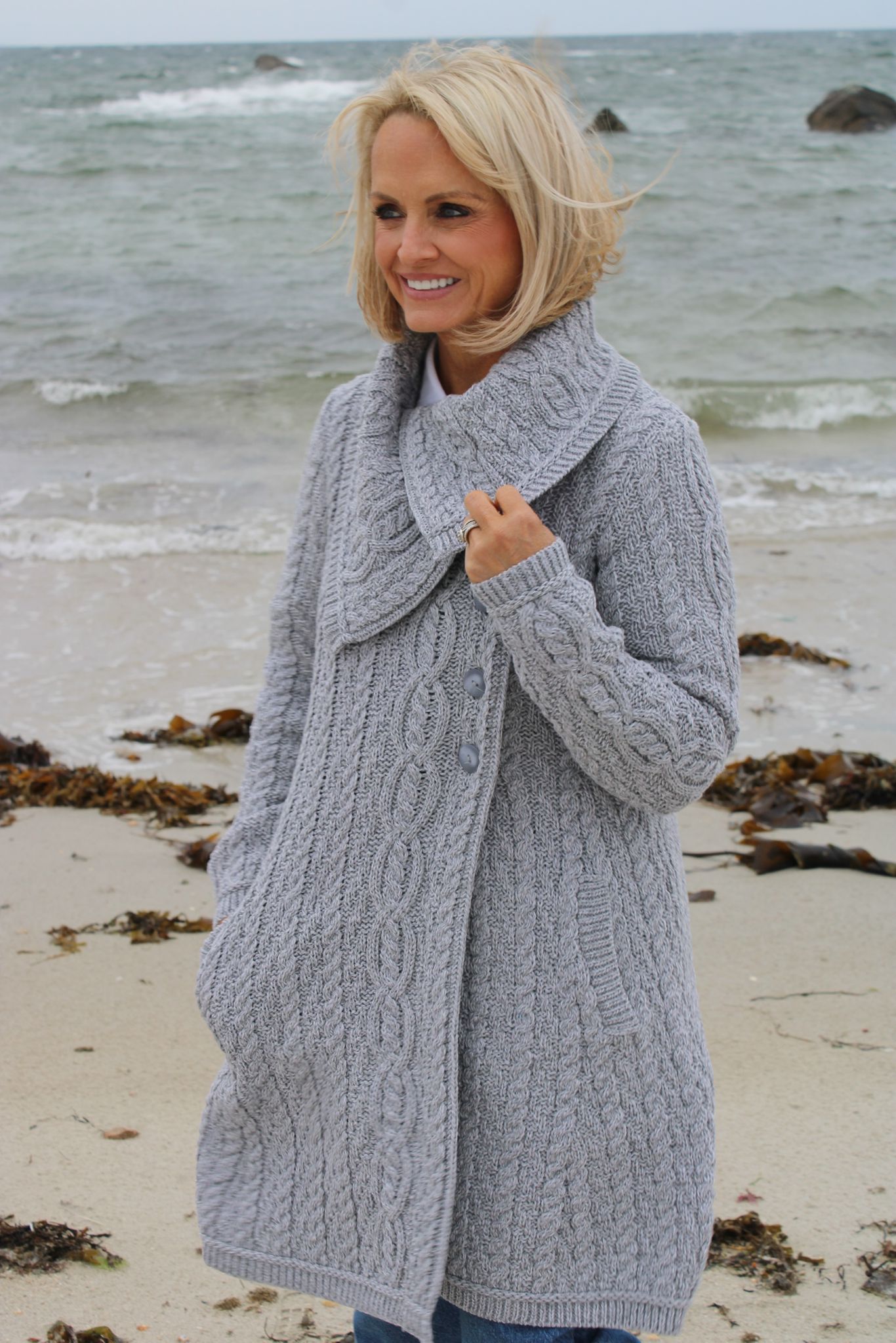 Chunky Collar Coat With Buttons , Soft Grey