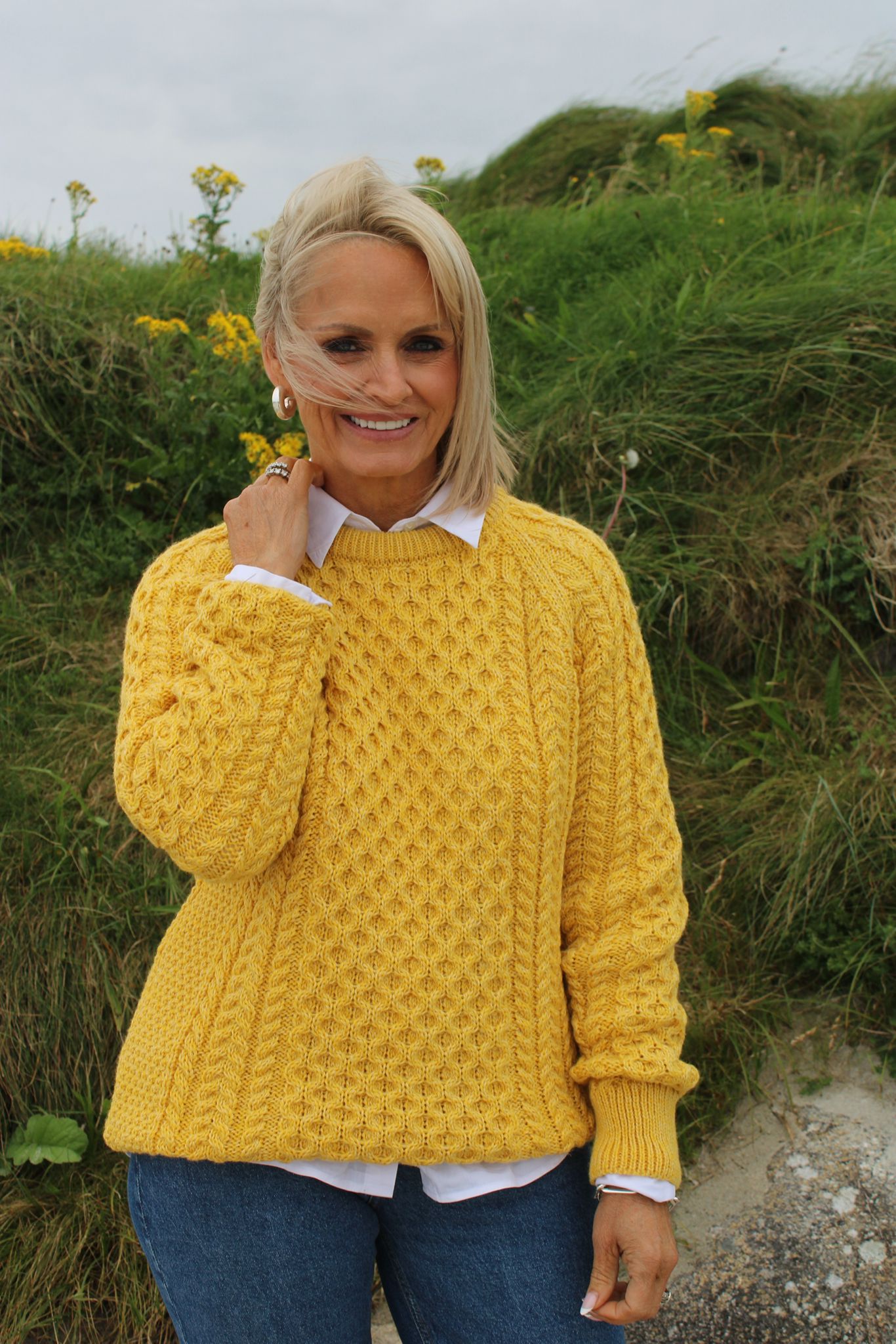 Aran Crew Neck Wool Sweater - Yellow