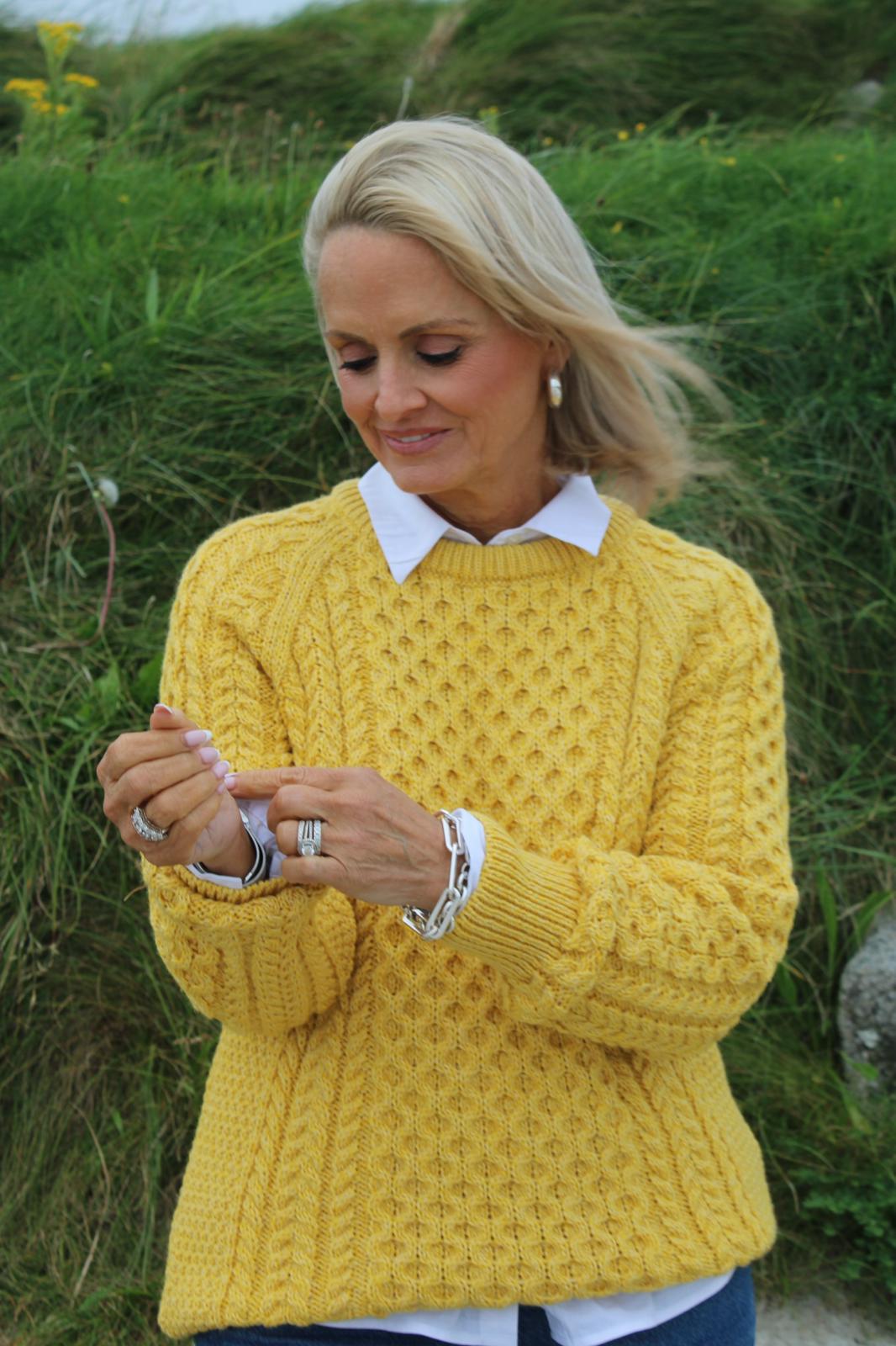 Aran Crew Neck Wool Sweater - Yellow