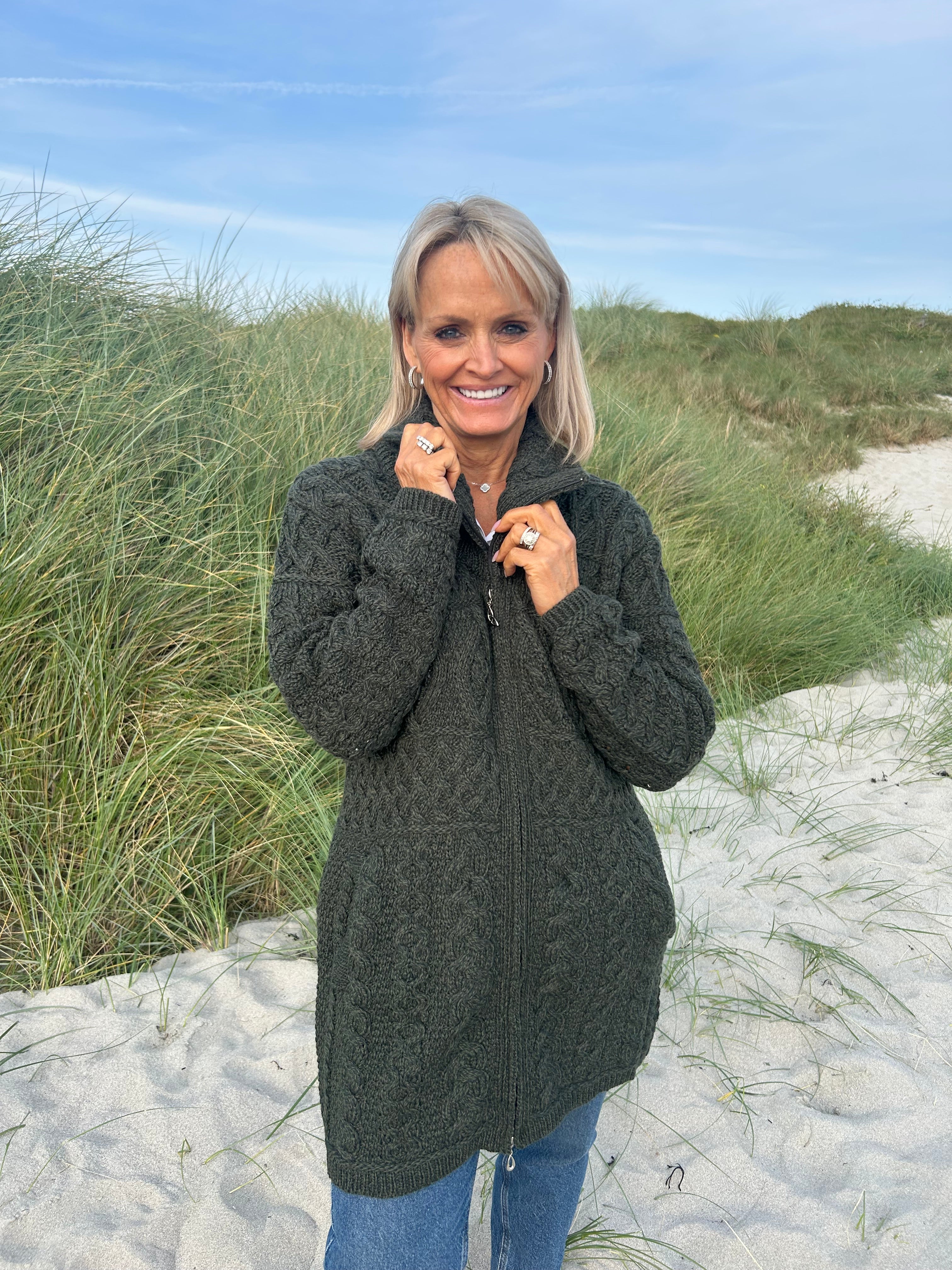 High Collar Coat with Pockets , Army Green