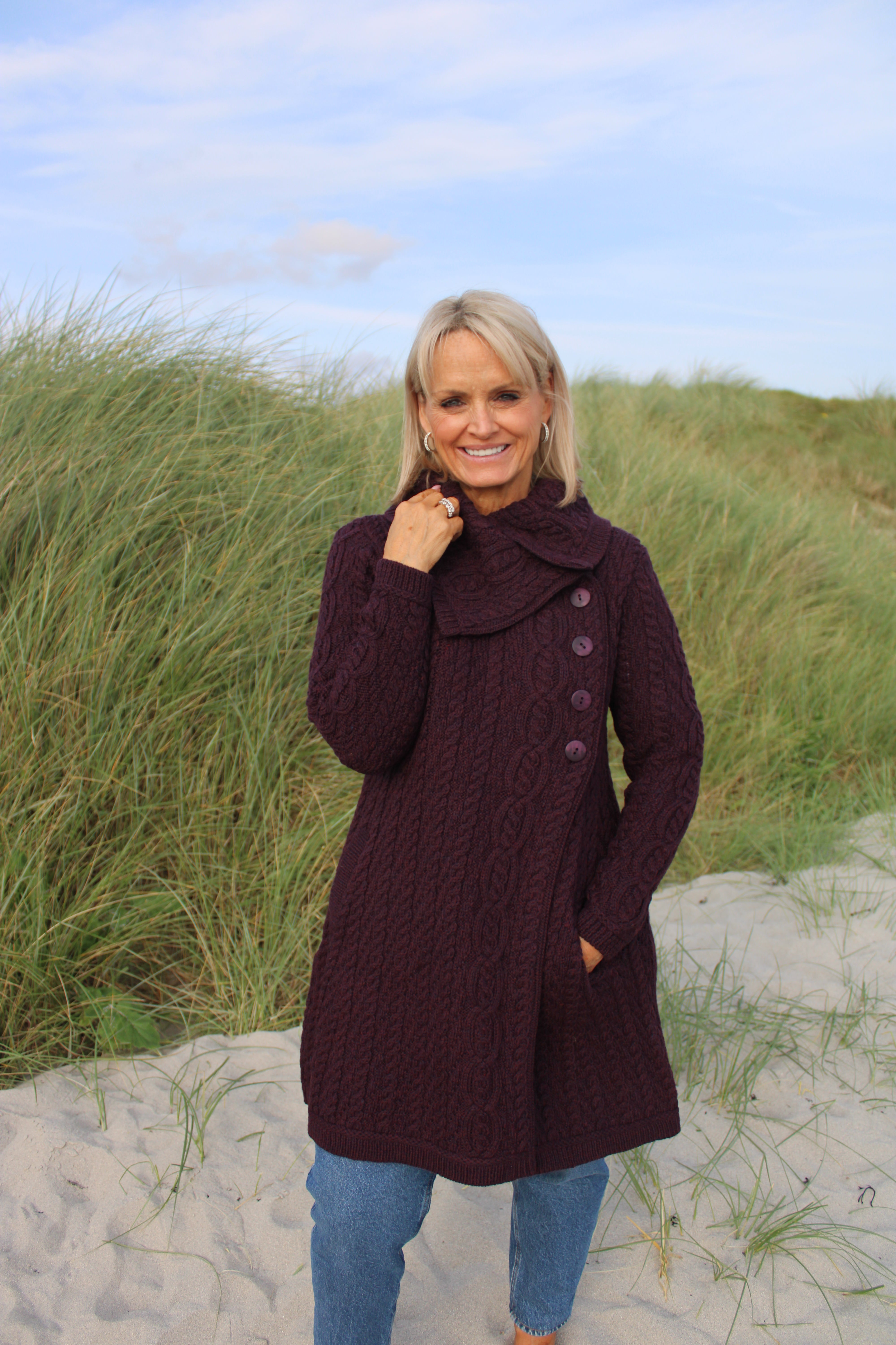 Chunky Collar Coat With Buttons , Damson