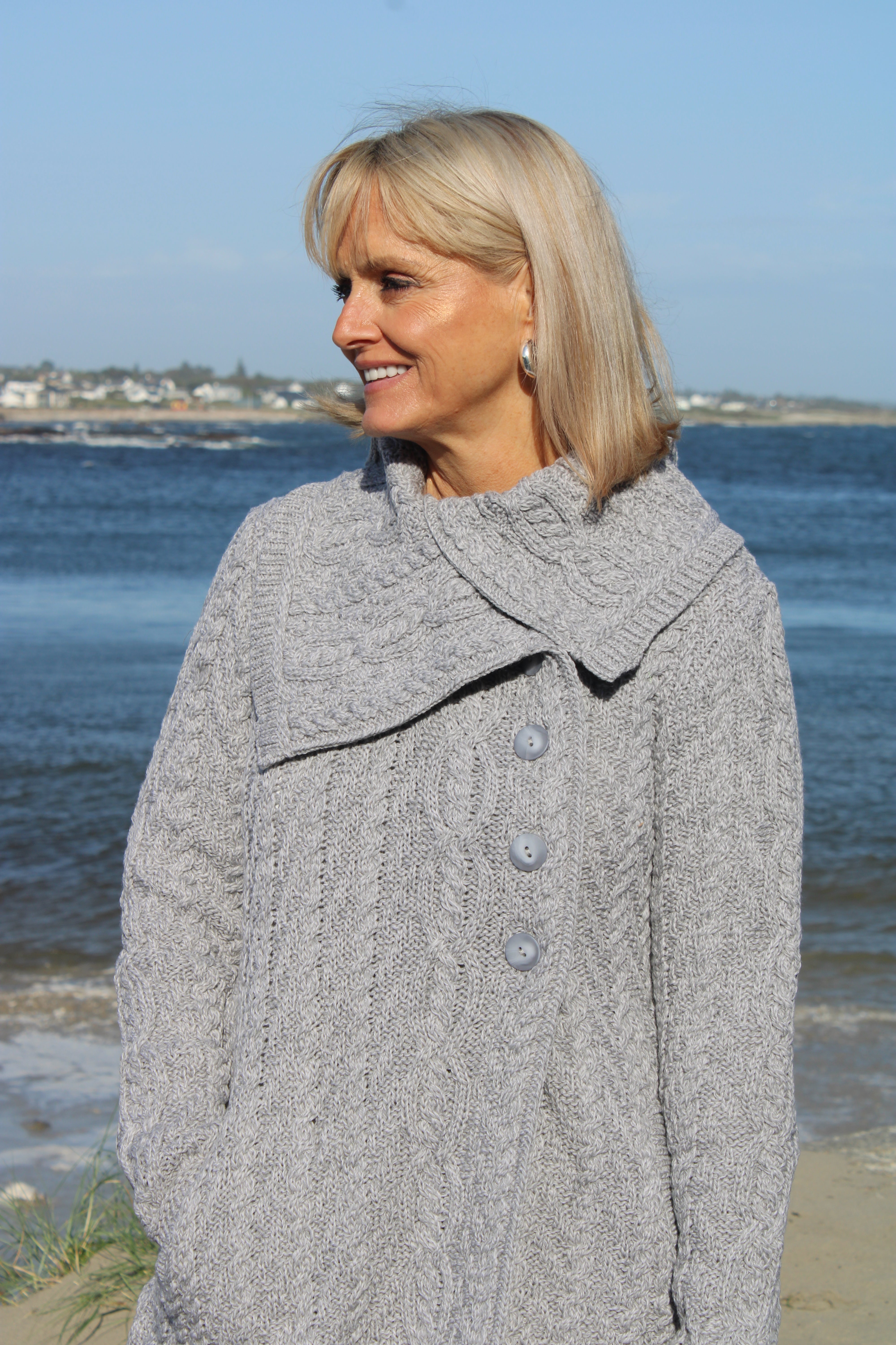 Chunky Collar Coat With Buttons , Soft Grey