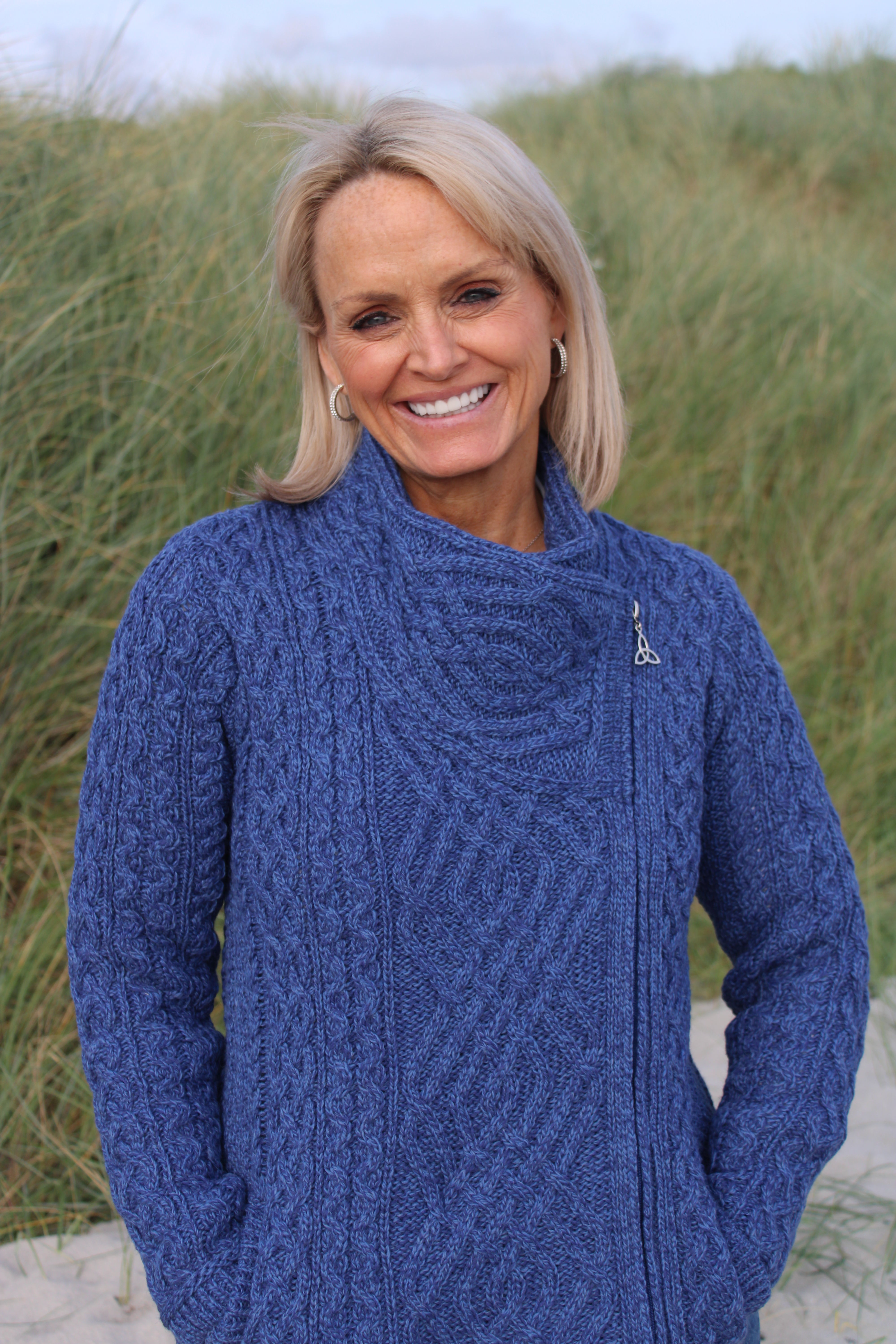 Cable Knit Jacket with Zip , Blue Marl