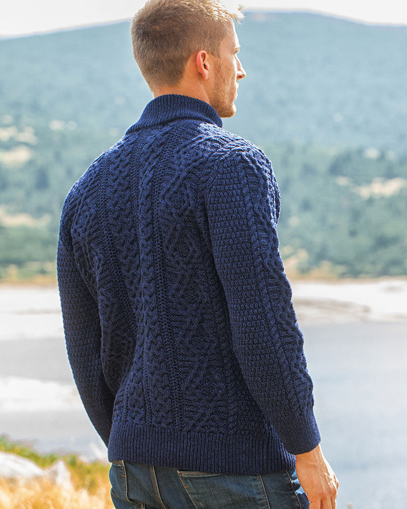 Aran Fisherman Zip Cardigan - Blue