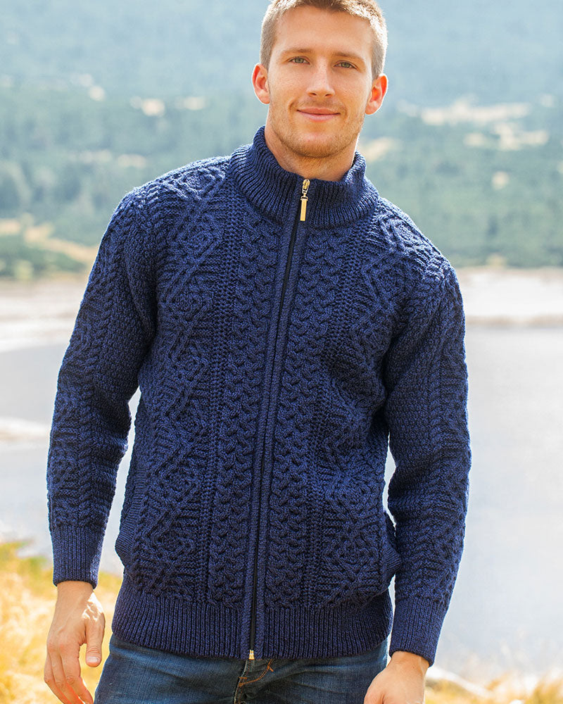 Aran Fisherman Zip Cardigan - Blue