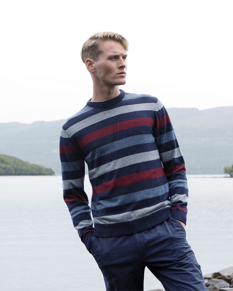 Magee | Killybegs Cotton Crew Neck Jumper- Blue and Burgundy Stripe