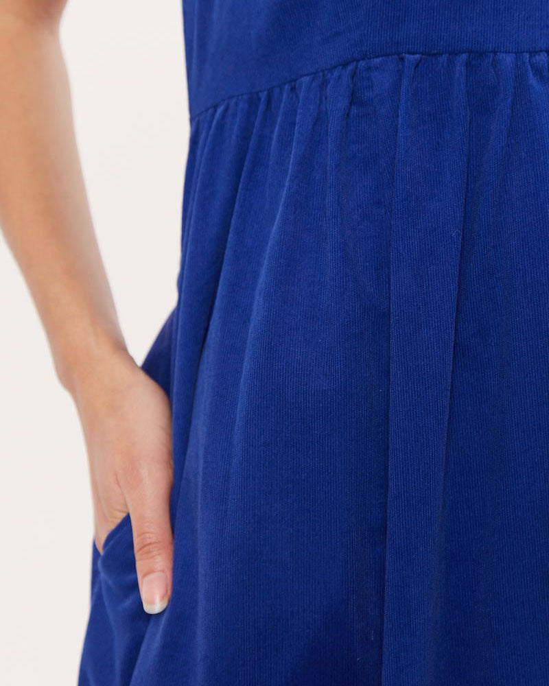 Louche | Stasia Cord Puff Sleeve Midi Dress- Blue