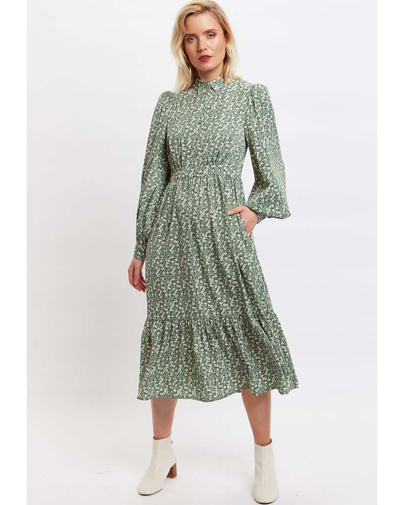 Louche | Nathalia Daisy Print Tiered Dress -Green