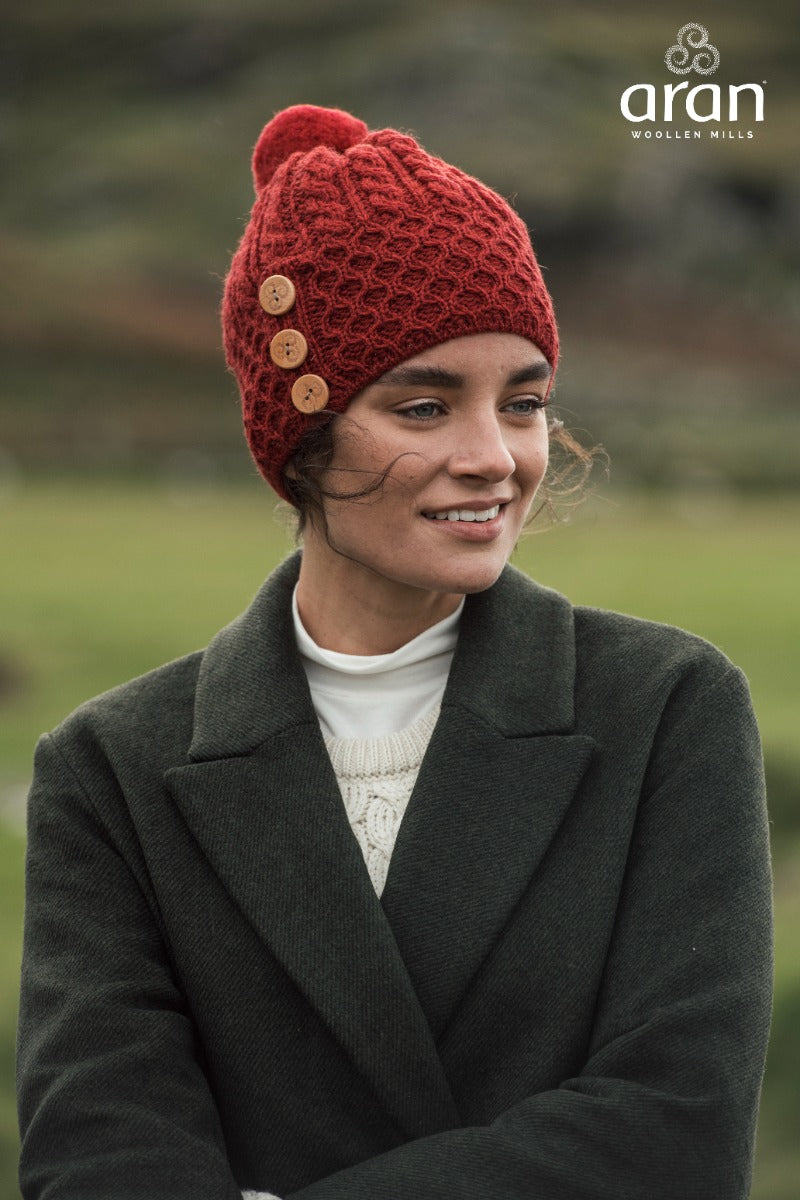 Aran Woollen Mills | Aran Merino Wool Hat With 3 Buttons -Red
