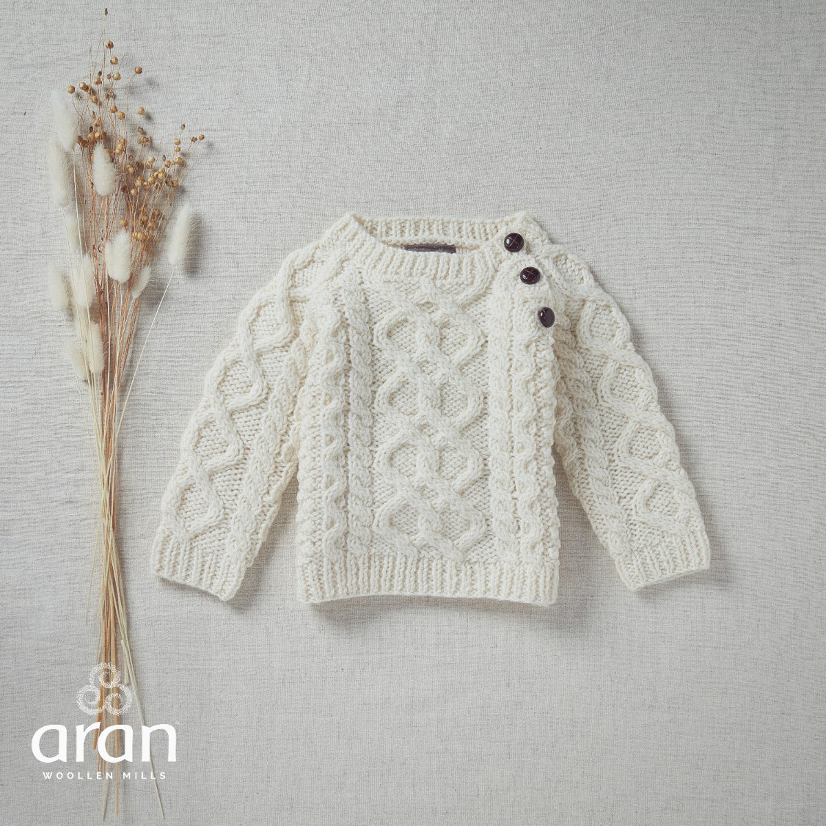 Aran Woollen Mills | Baby's Handknit Side Fastening Sweater | R404- Natural