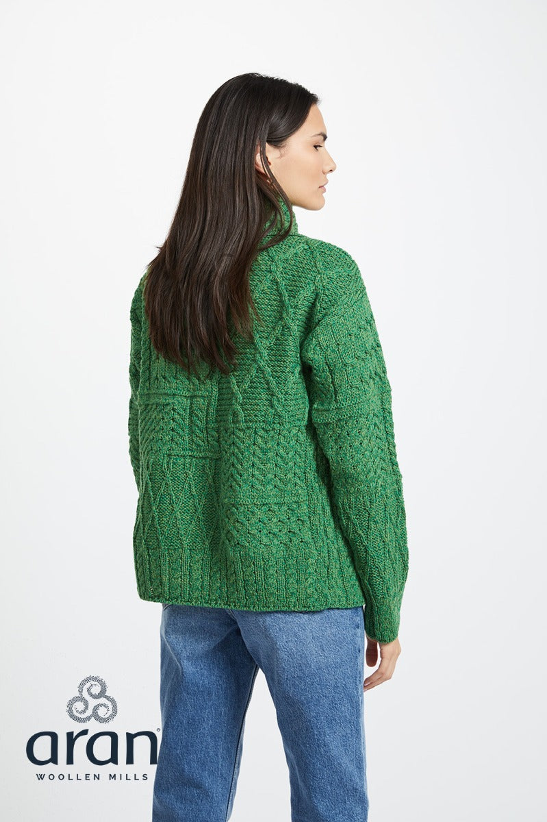 Aran Woollen Mills |One-Button Sweater with Draped Collar | Kiwi Green |  A313