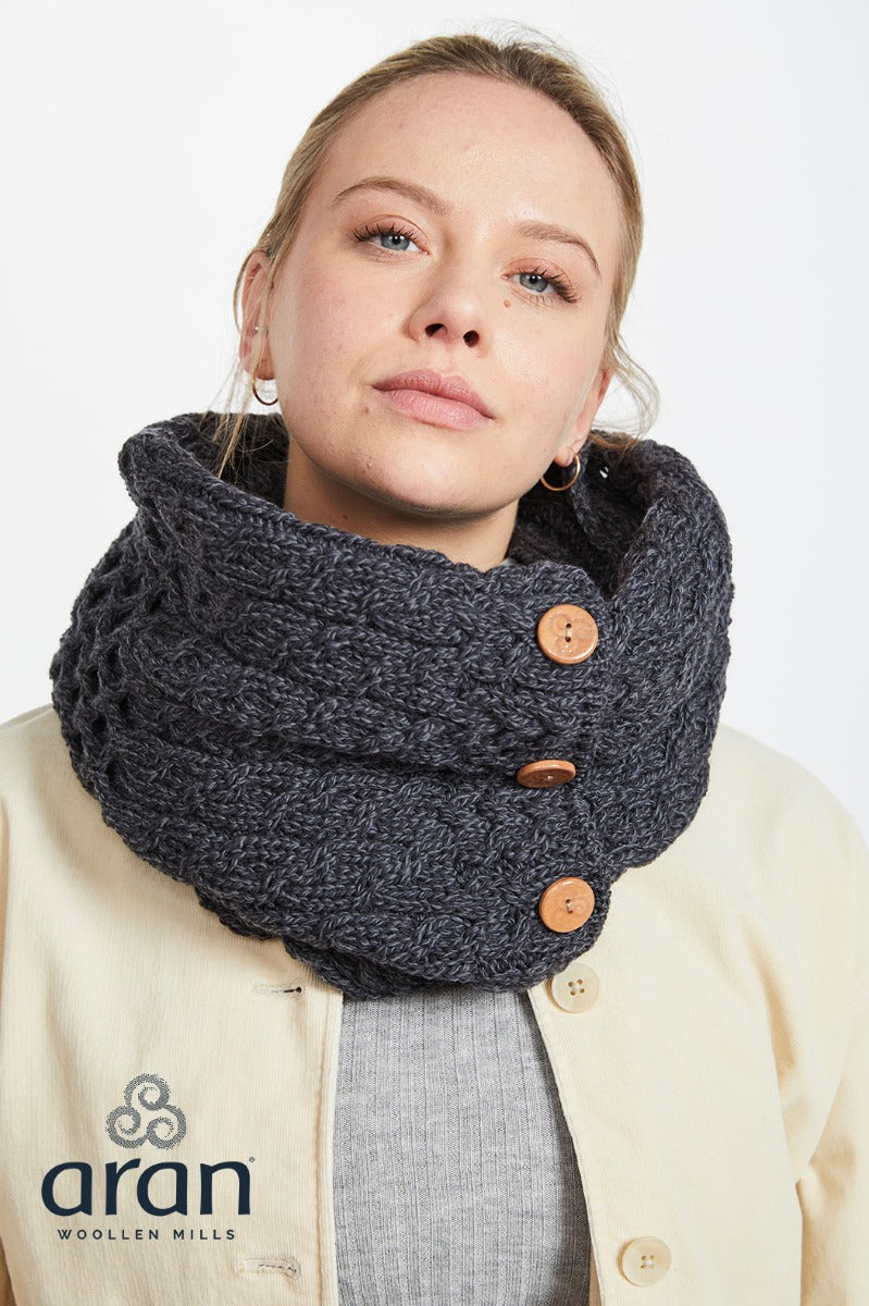 Aran Woollen Mills | Snood Scarf with Buttons | A518-Derby Charcoal