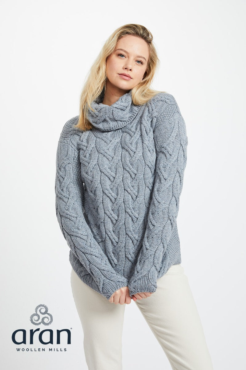 Aran Woollen Mills | Supersoft Merino Wool Chunky Cowl Neck Sweater - Ocean Grey