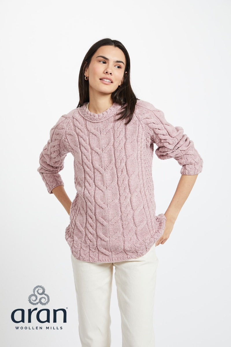 Aran Woollen Mills | Super Soft Cable Knit Raglan Sweater | Merino Wool | Winter Rose Pink | B951