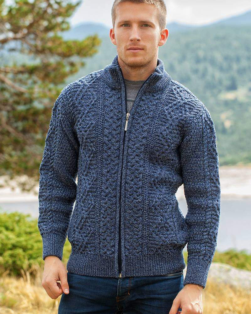 Original Aran Co. | Men's Full Zip Fisherman Sweater 6031- Denim Marl
