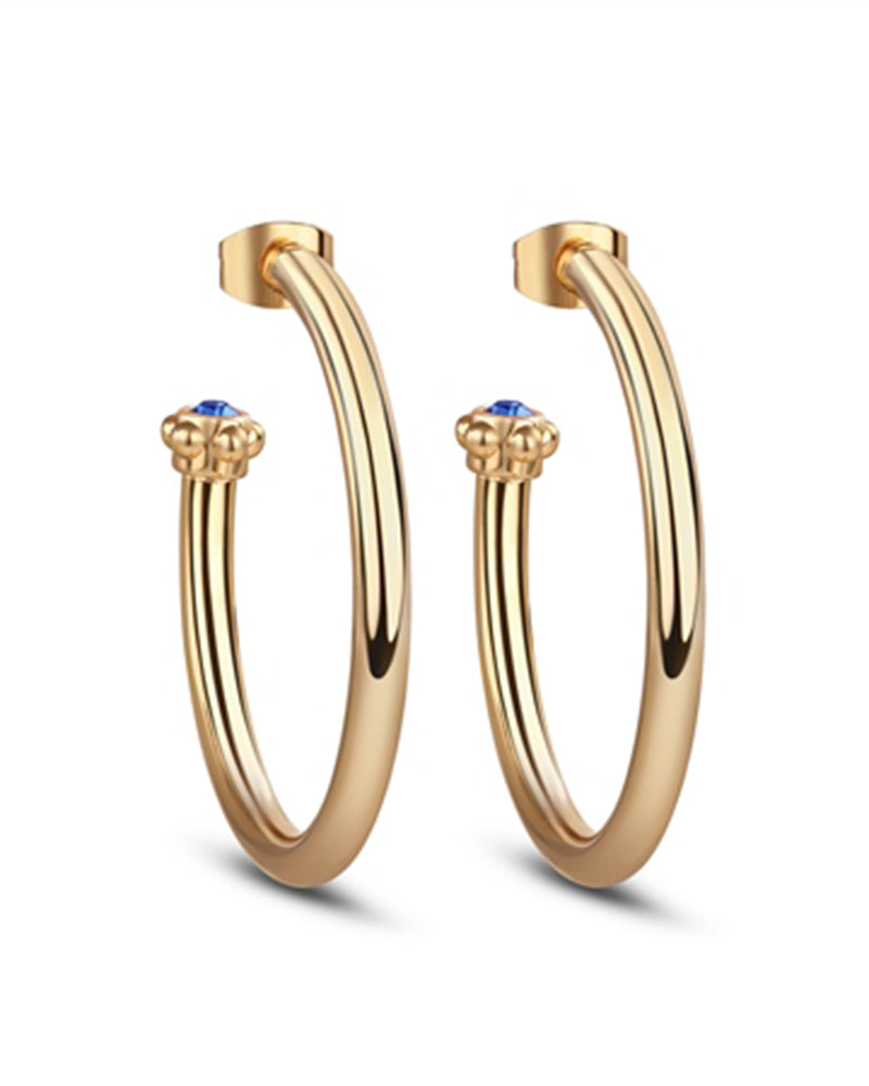 Newbridge Silverware | Gold Hoop Earrings with Blue Stone