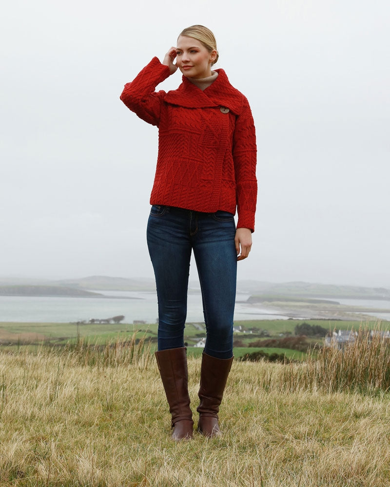 Aran Woollen Mills| One-Button Sweater with Draped Collar | Red | A313