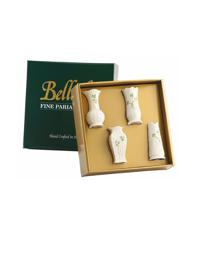 Belleek Shamrock Mini Vases displayed in box, set of 4