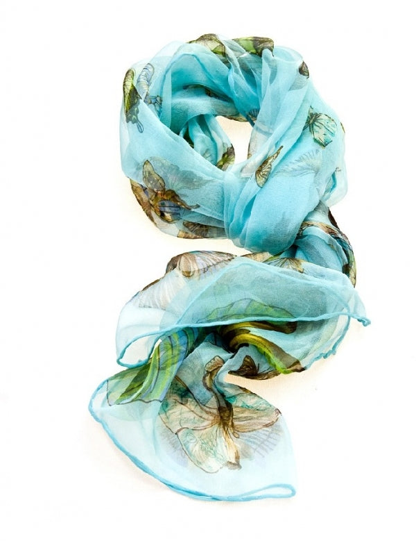 Erin Knitwear | Silk Butterfly Print Scarf Aqua