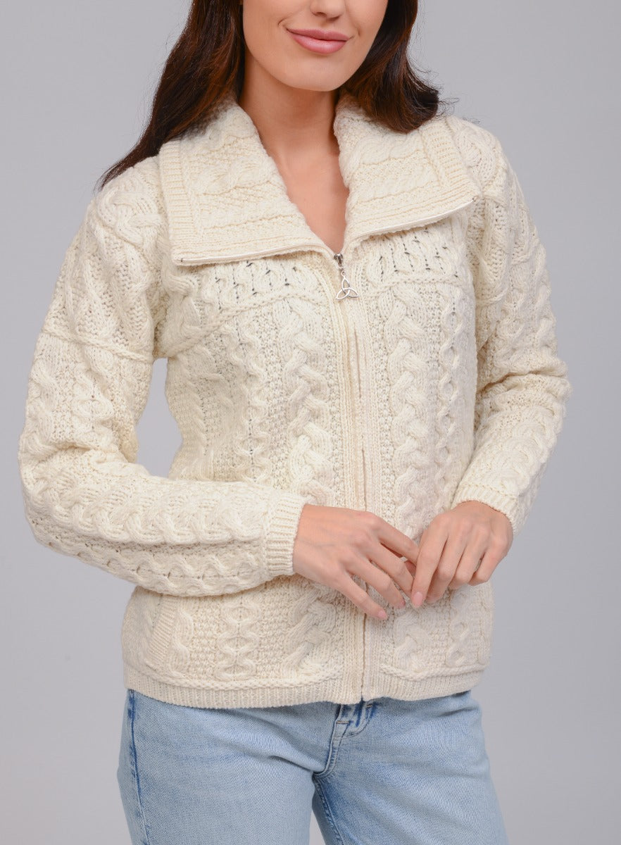 Double Collar Full Zip Cardigan | Natural | West End X4267