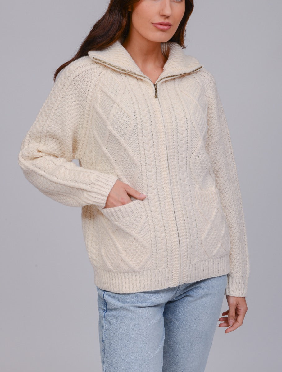 Aran Woollen Mills | Handknit Unisex Zip Sweater | S156- Natural